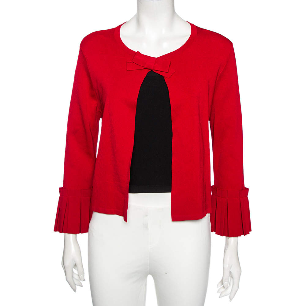 مملوكة مسبقًا CH Carolina Herrera Red Knit Buttoned Bow Neck Detail Cape Cardigan L