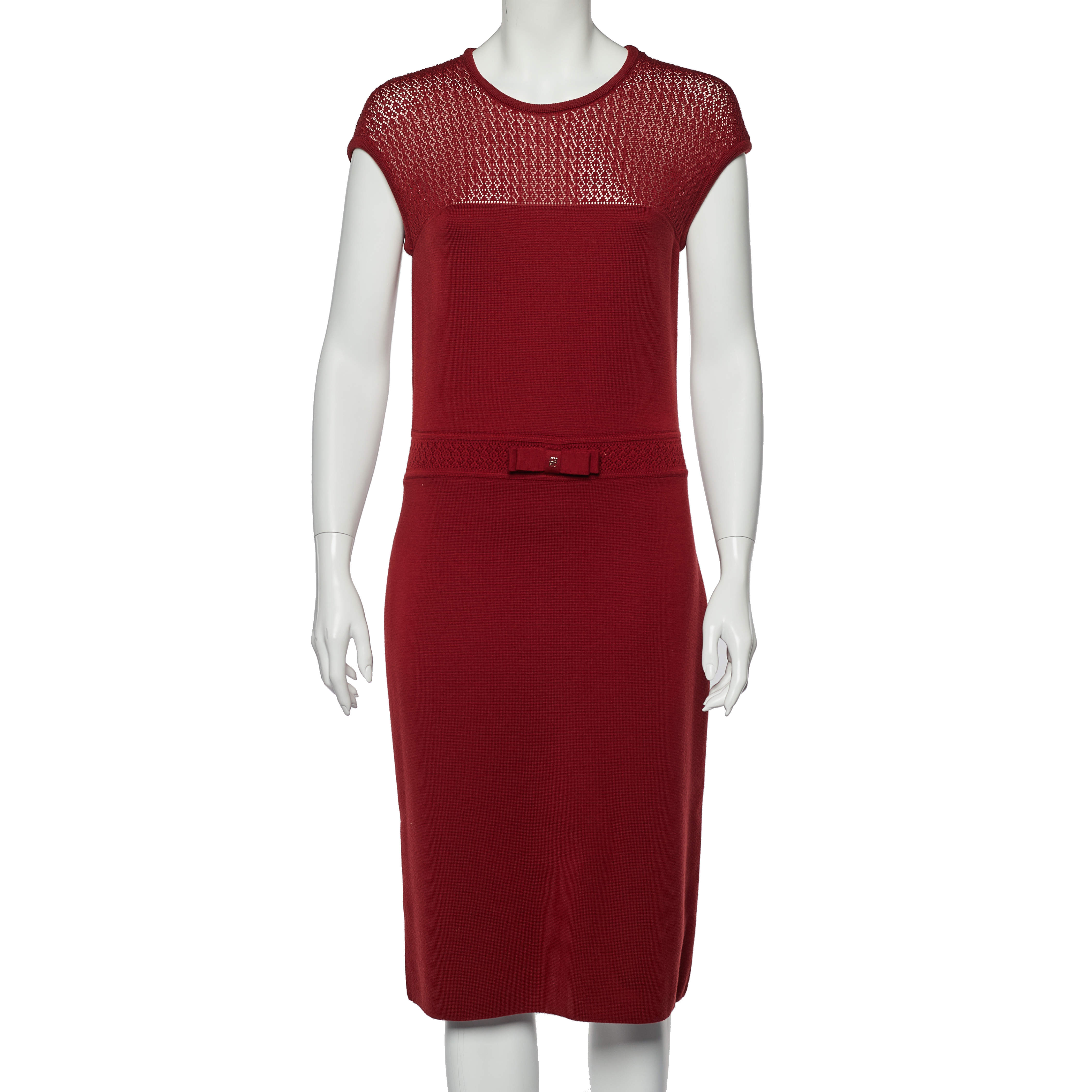 CH Carolina Herrera Burgundy Wool Knit Bow Detail Sleeveless Dress L
