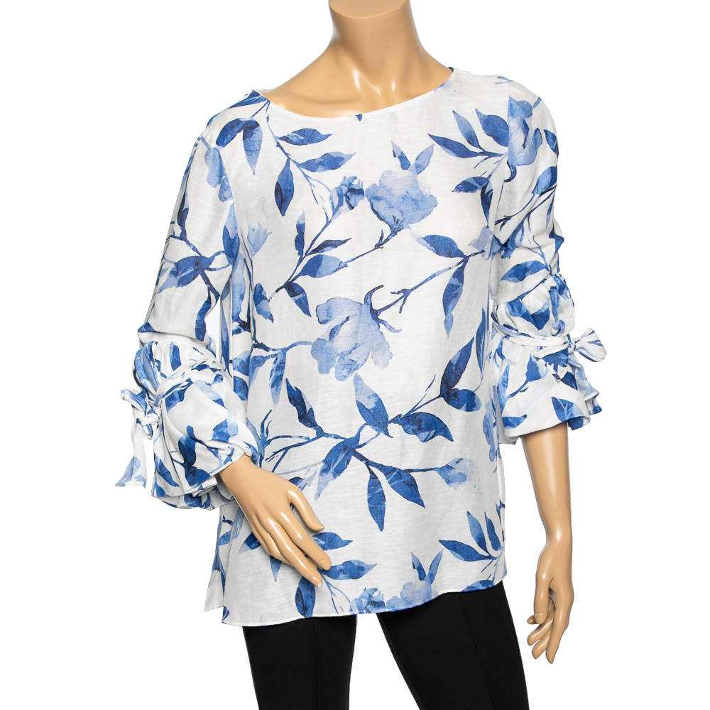 Pre Owned Carolina Herrera White & Blue Floral Print Silk Flounce Sleeve Top XL