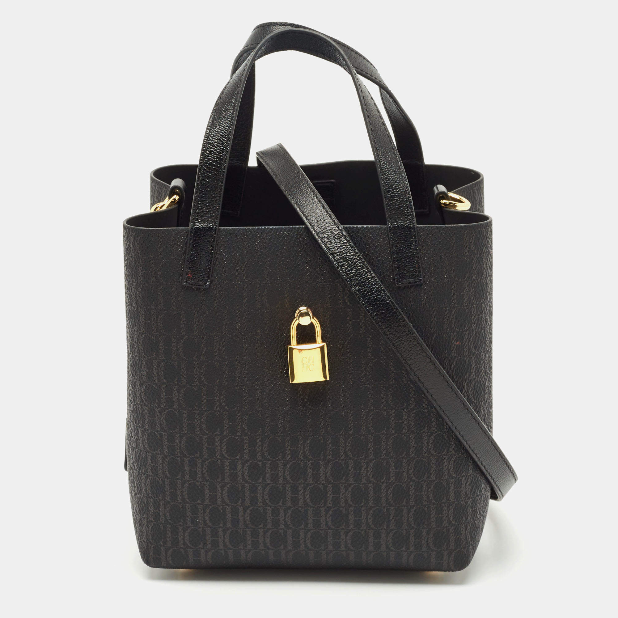 Carolina Herrera Black Monogram Coated Canvas and Leather Small Matryoshka Locked Tote