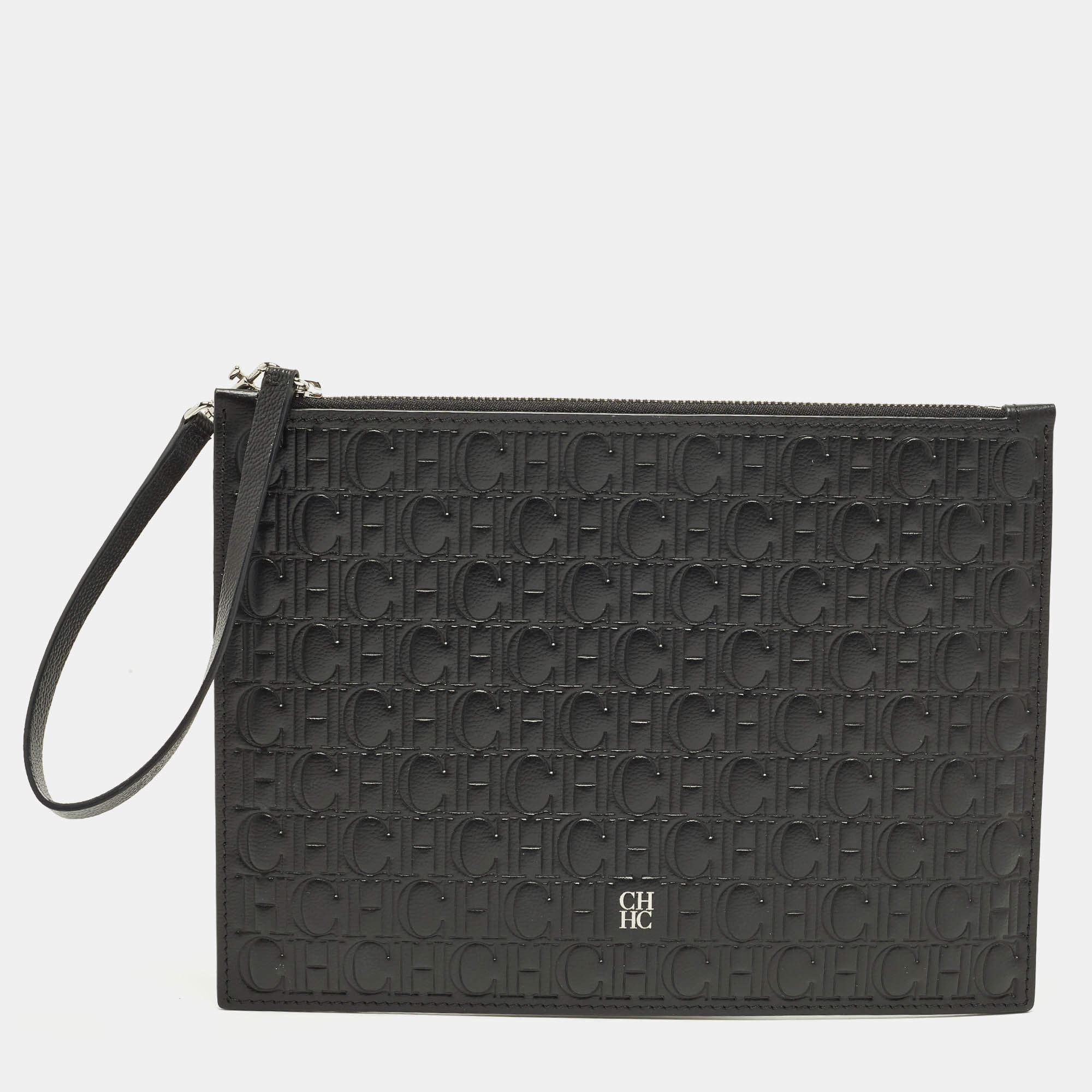 Pre Owned Carolina Herrera Black Monogram Embossed Leather Wristlet Pouch
