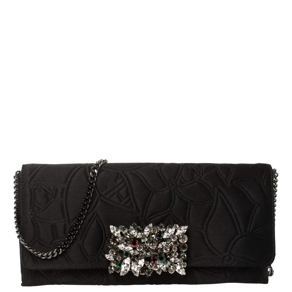 Pre Owned Carolina Herrera Black Satin Crystal Embellished Clutch
