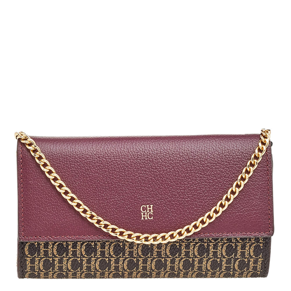 Pre Owned Carolina Herrera Burgundy/Brown PVC and Leather Wallet On Chain