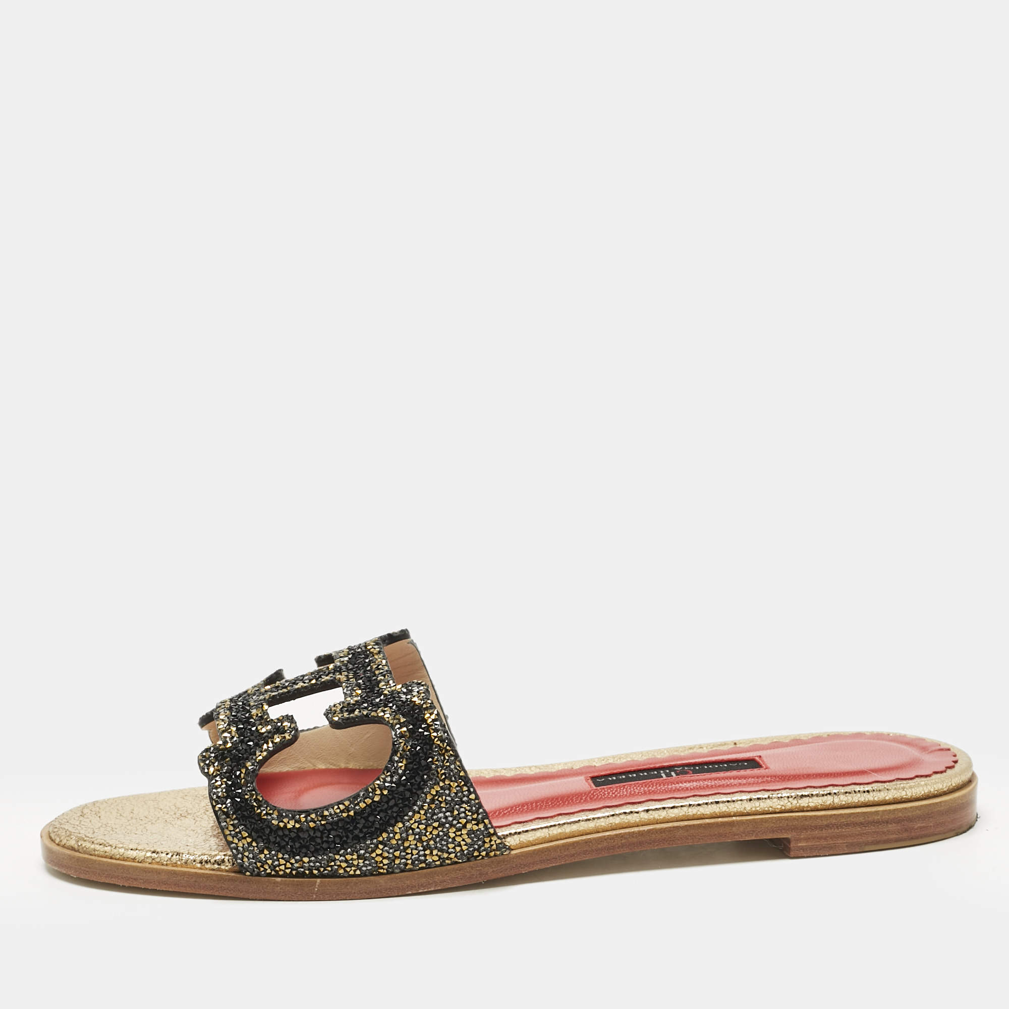 Pre Owned Carolina Herrera Gold/Black Leather Initials Insignia Crystals Flat Slides Size 39