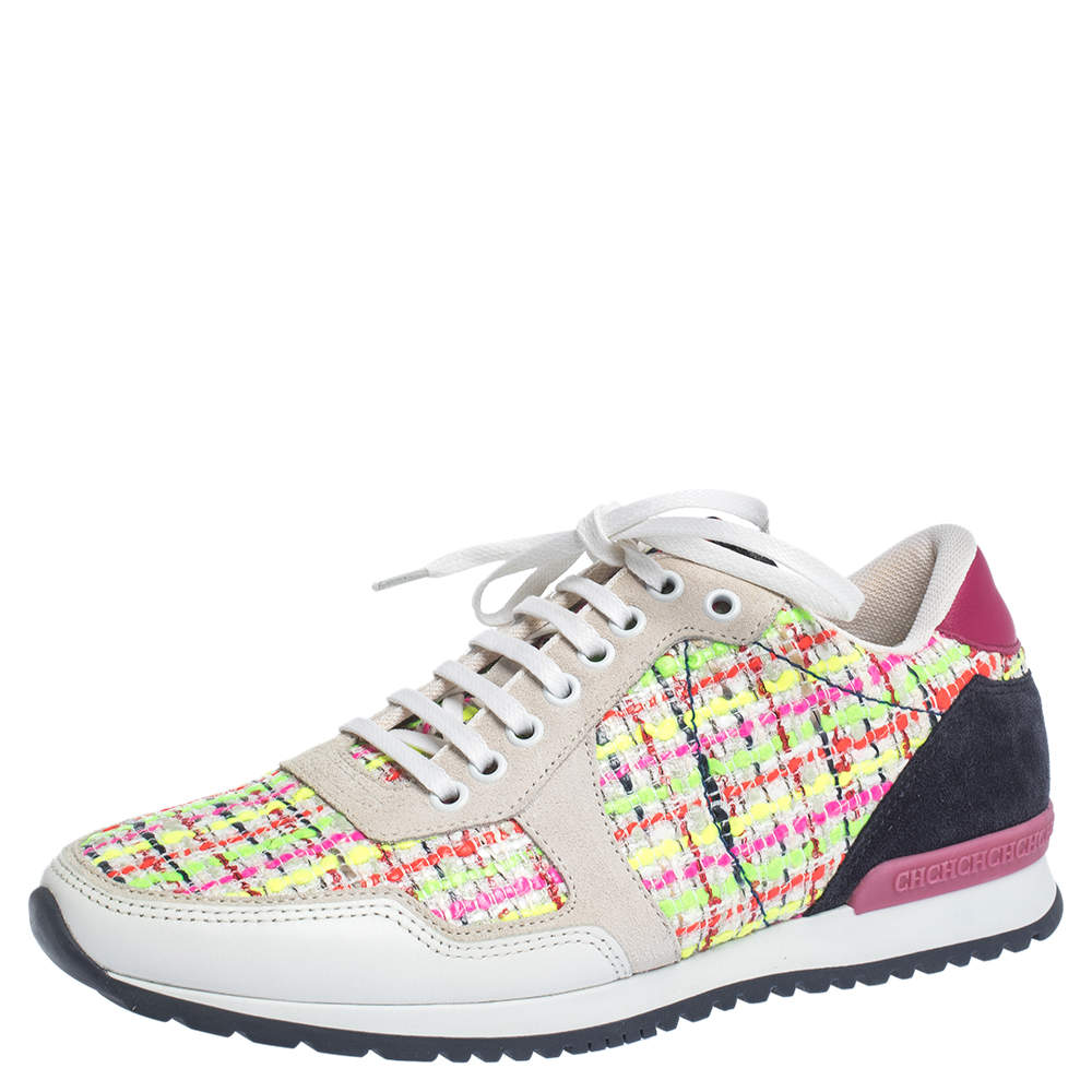 Pre Owned Carolina Herrera Multicolor Tweed, Leather And Suede Low Top Sneakers Size 41