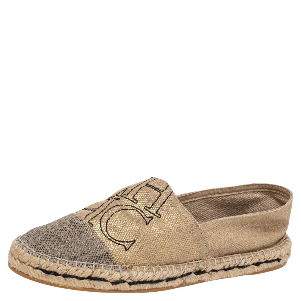 Pre Owned Carolina Herrera Metallic Gold Jute Espadrilles Slip On Loafers Size 39