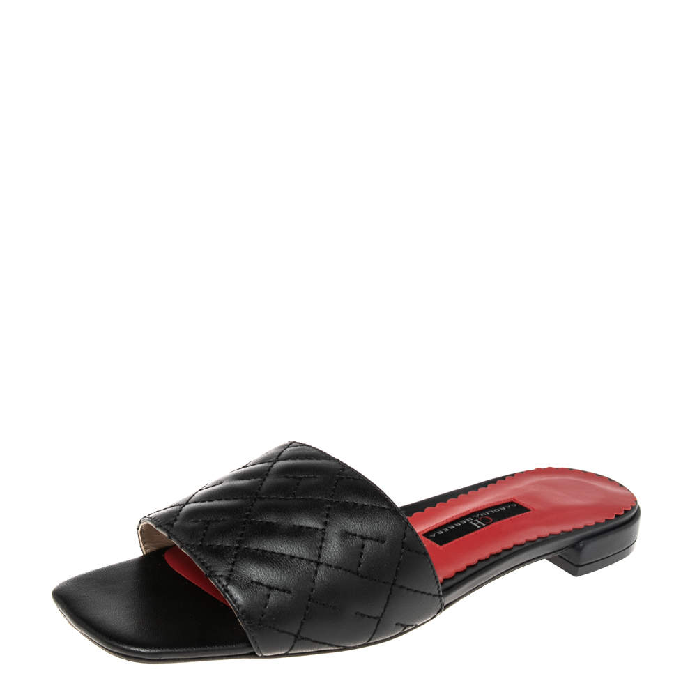 Carolina Herrera Black Initials Quilted Leather Initials 2020 Flats Slides Size 36