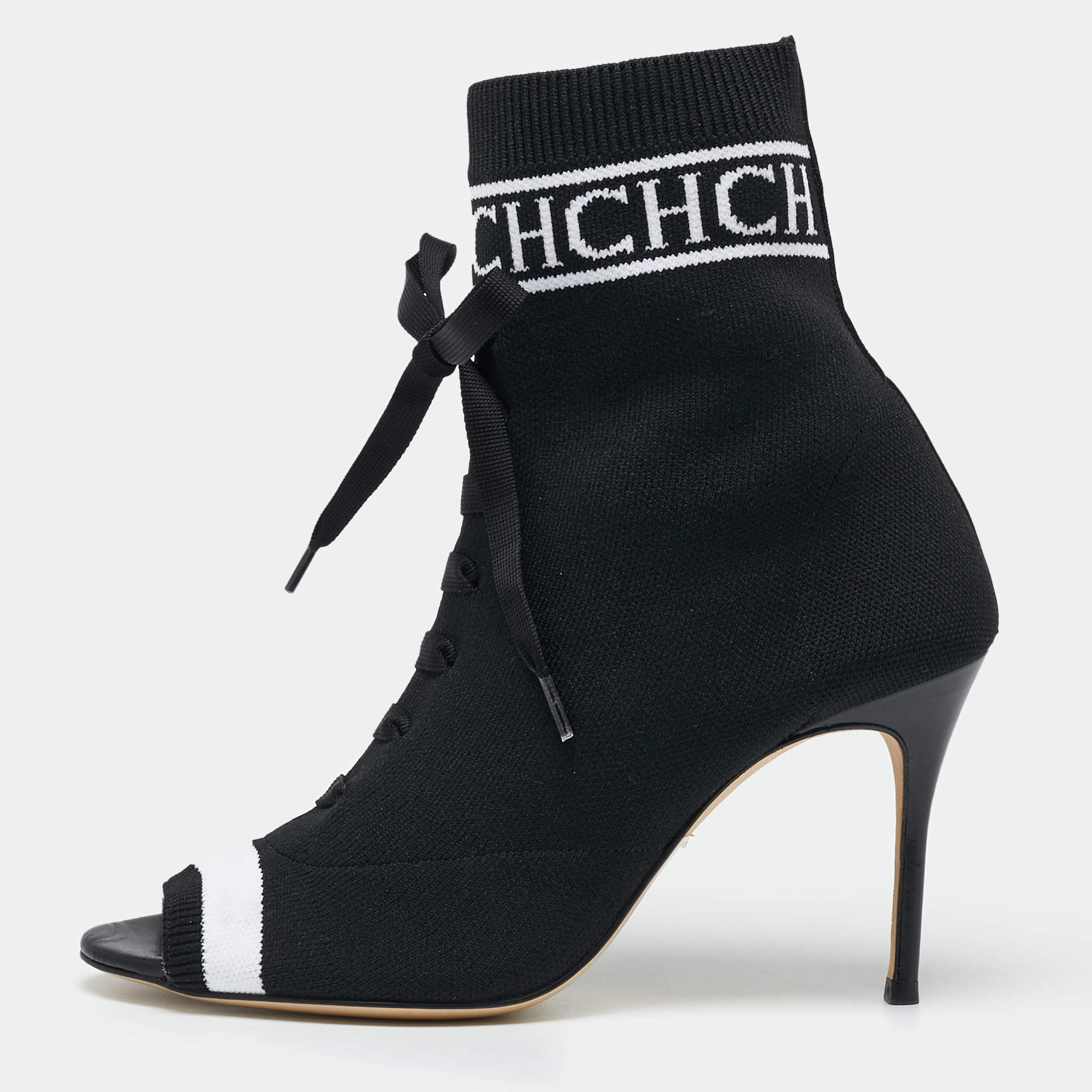 Pre Owned Carolina Herrera Black Knit Fabric  Peep Toe Ankle  Boots Size 39 