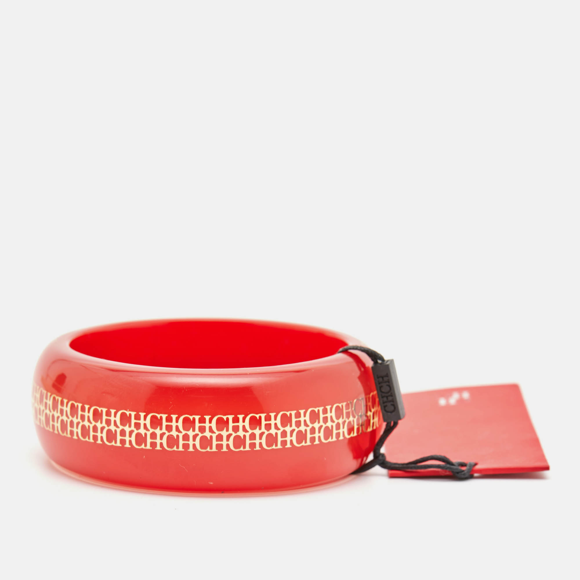  Carolina Herrera CH Red Resin Gold Tone Metal Wide Bangle Bracelet