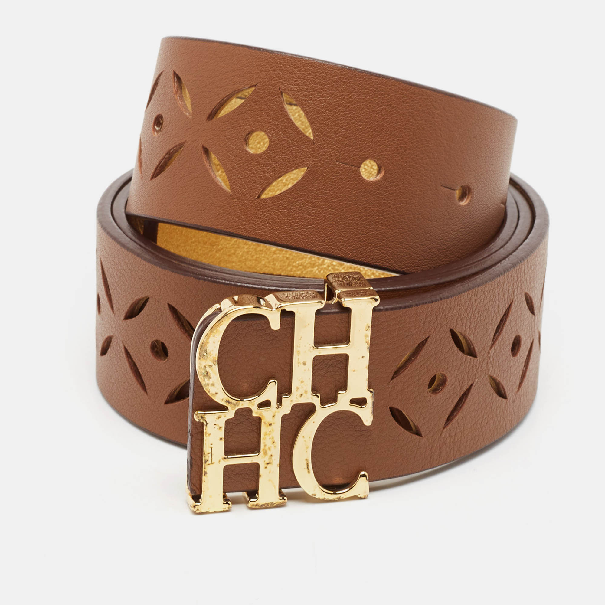 Pre Owned Carolina Herrera Brown Lasercut Leather Logo Waist Belt 90CM