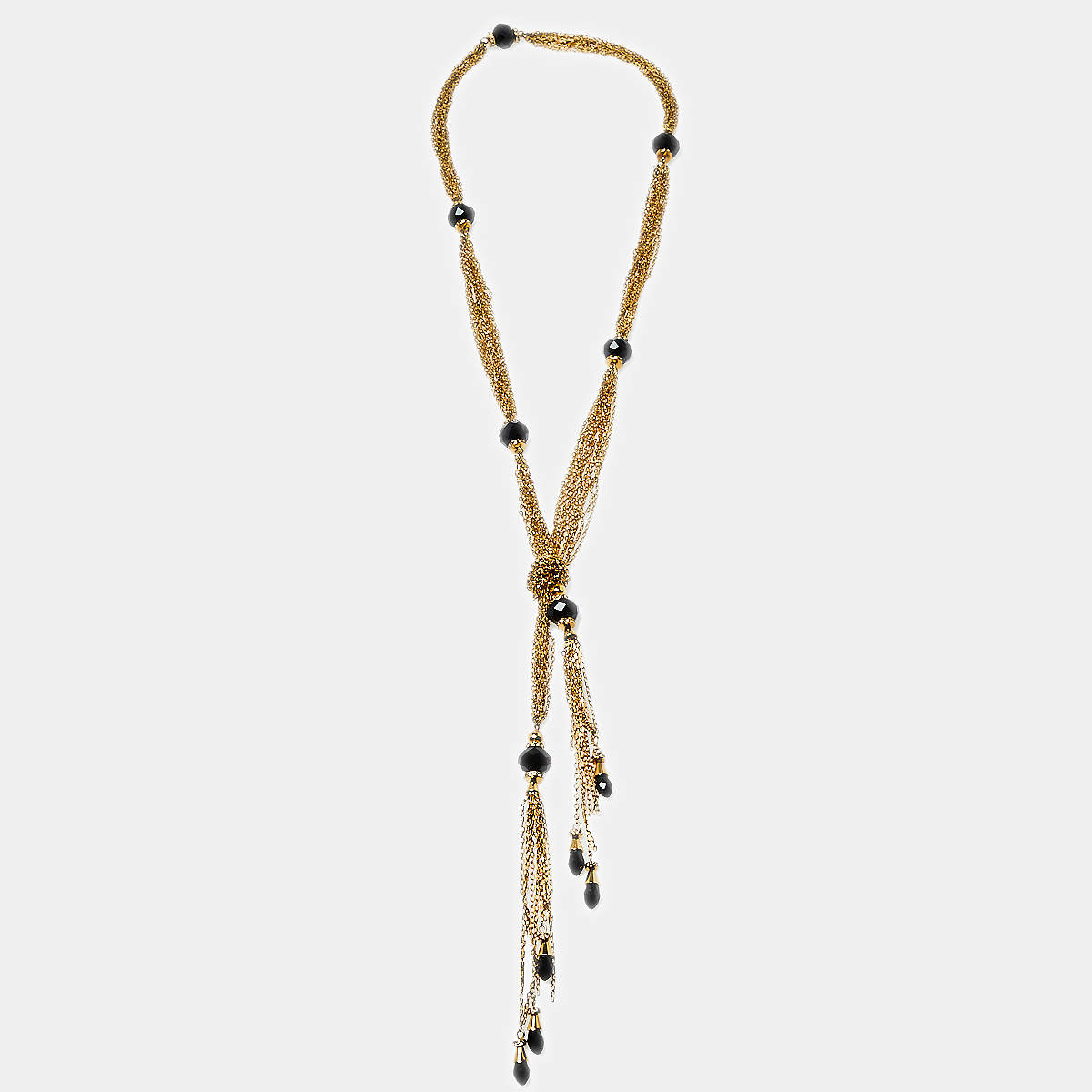 Pre Owned Carolina Hererra Black Beads Crystals Gold Tone Multi Chain Lariat Necklace