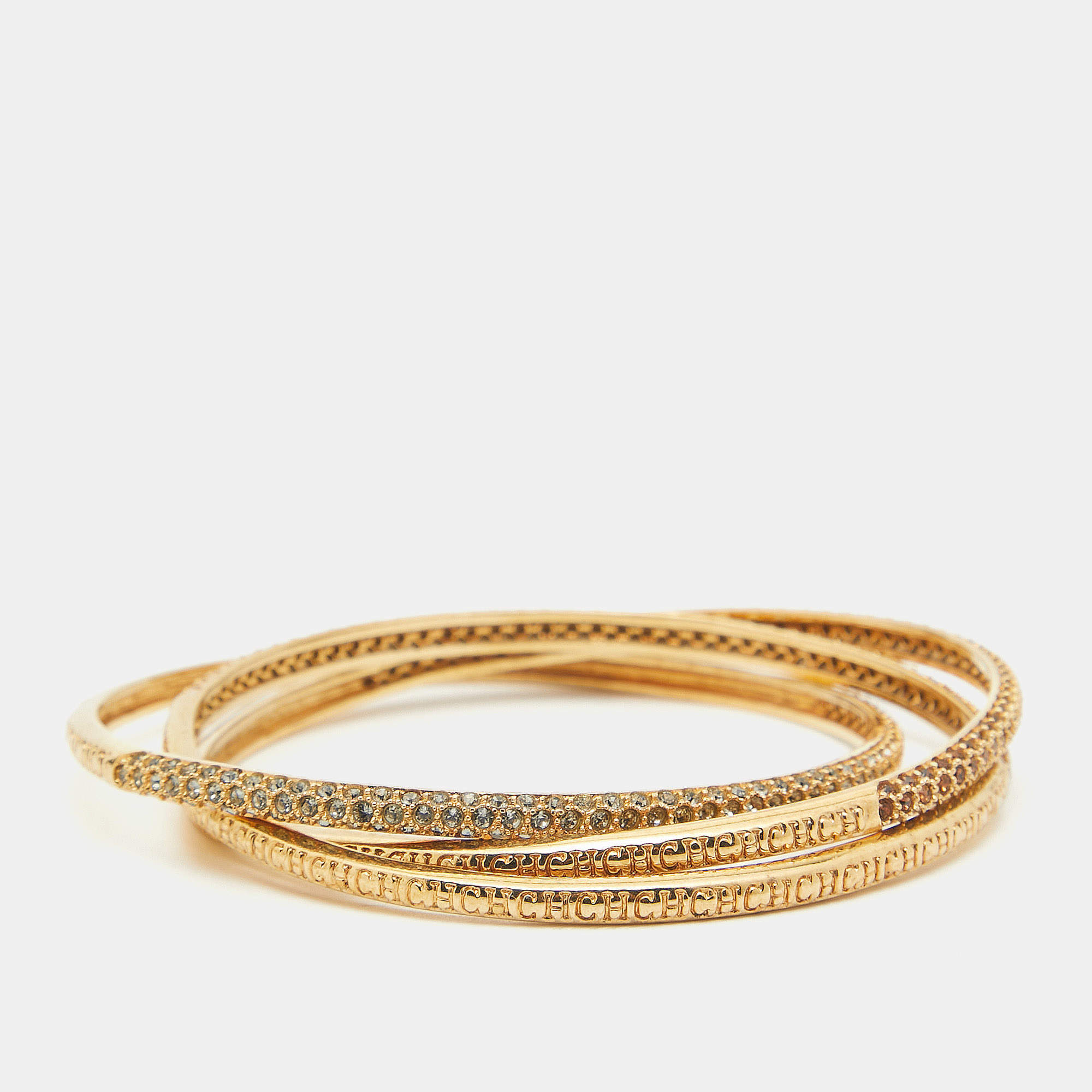 Carolina Herrera Crystals Gold Tone Triple Bangle Bracelet