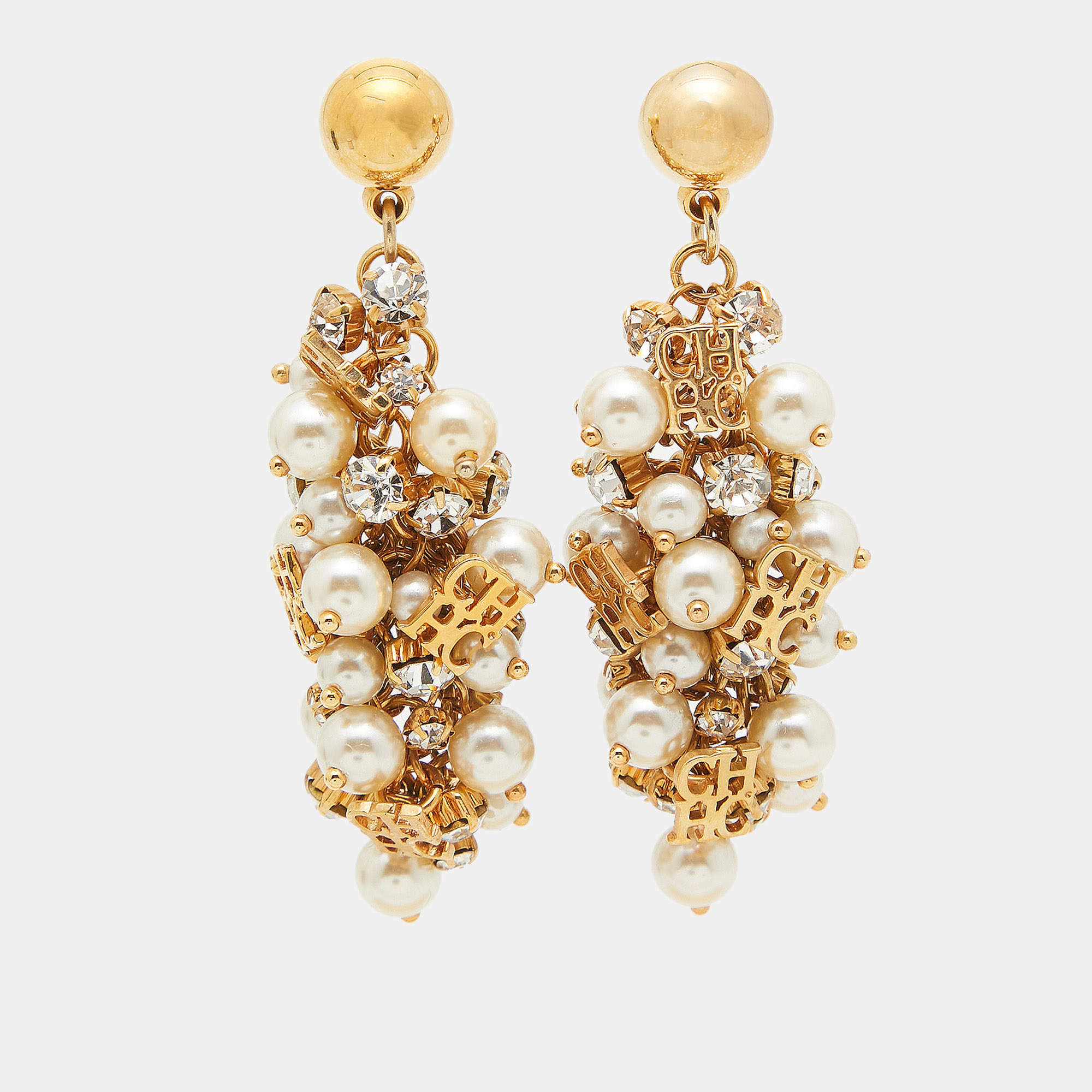 Carolina Herrera CH Faux Pearl Crystal Gold Tone Earrings