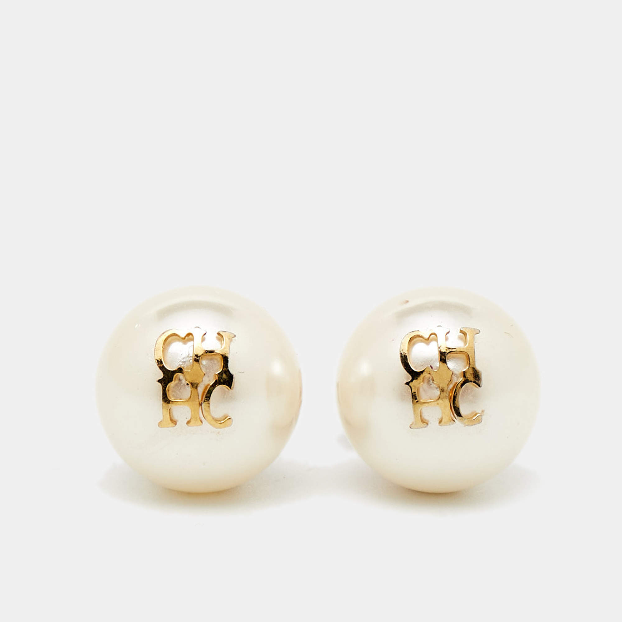 Pre Owned Carolina Herrera CH Faux Pearl Gold Tone Stud Earrings