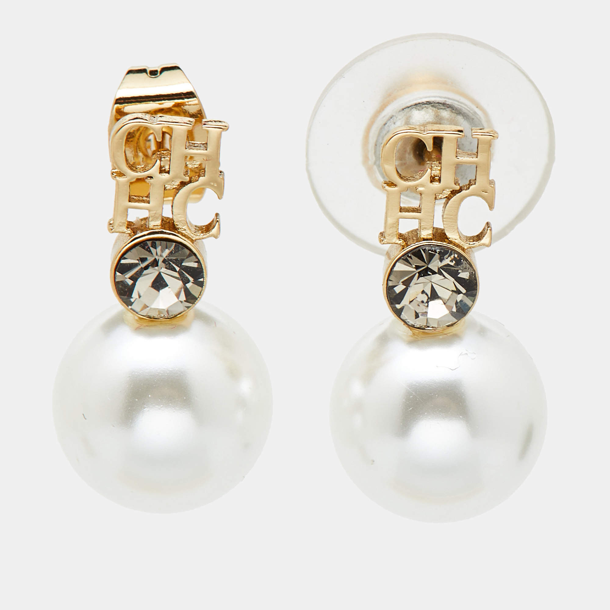  Carolina Herrera CH Faux Pearl Gold Tone Earrings