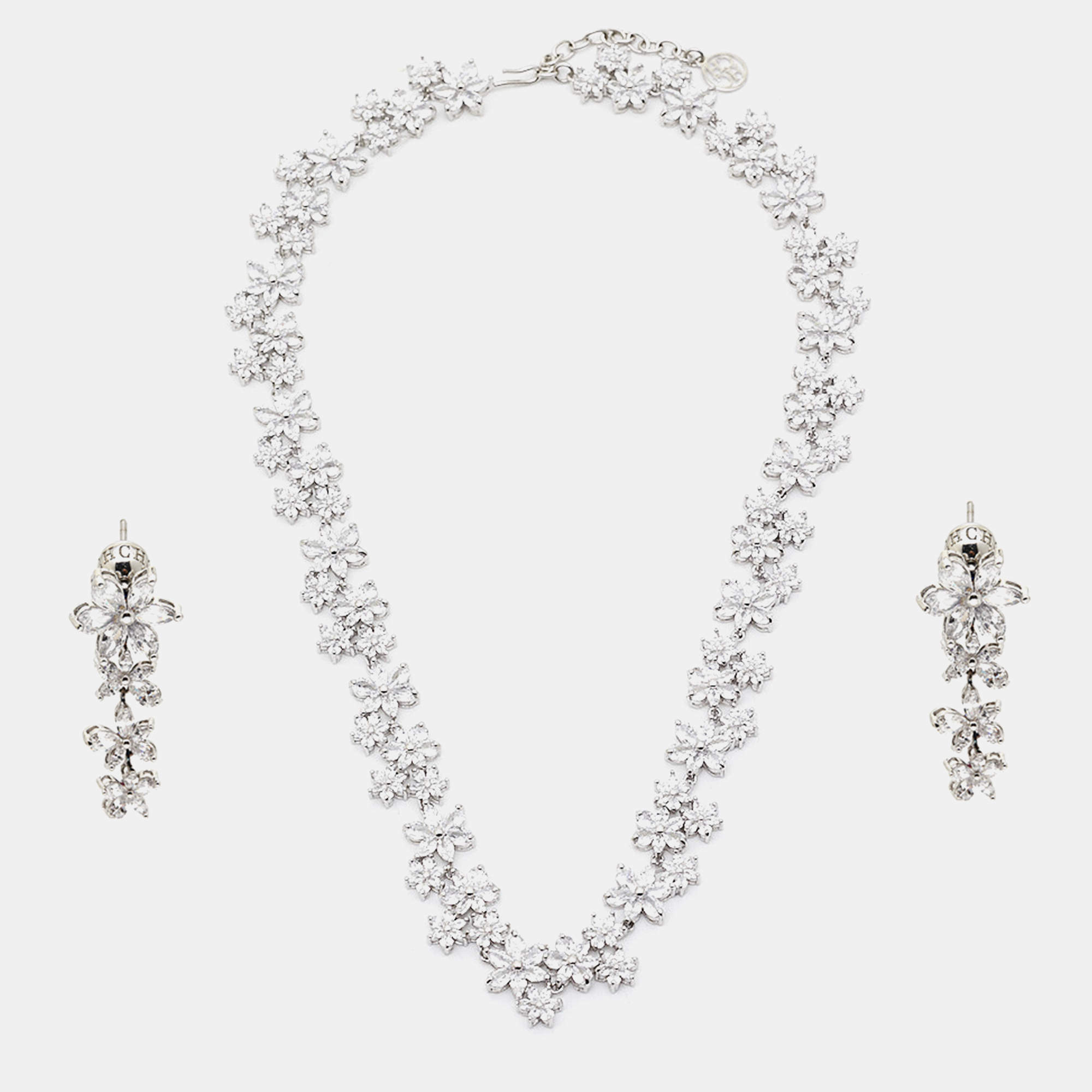 Pre Owned Carolina Herrera Flower Crystals Silver Tone Necklace and Earrings Set
