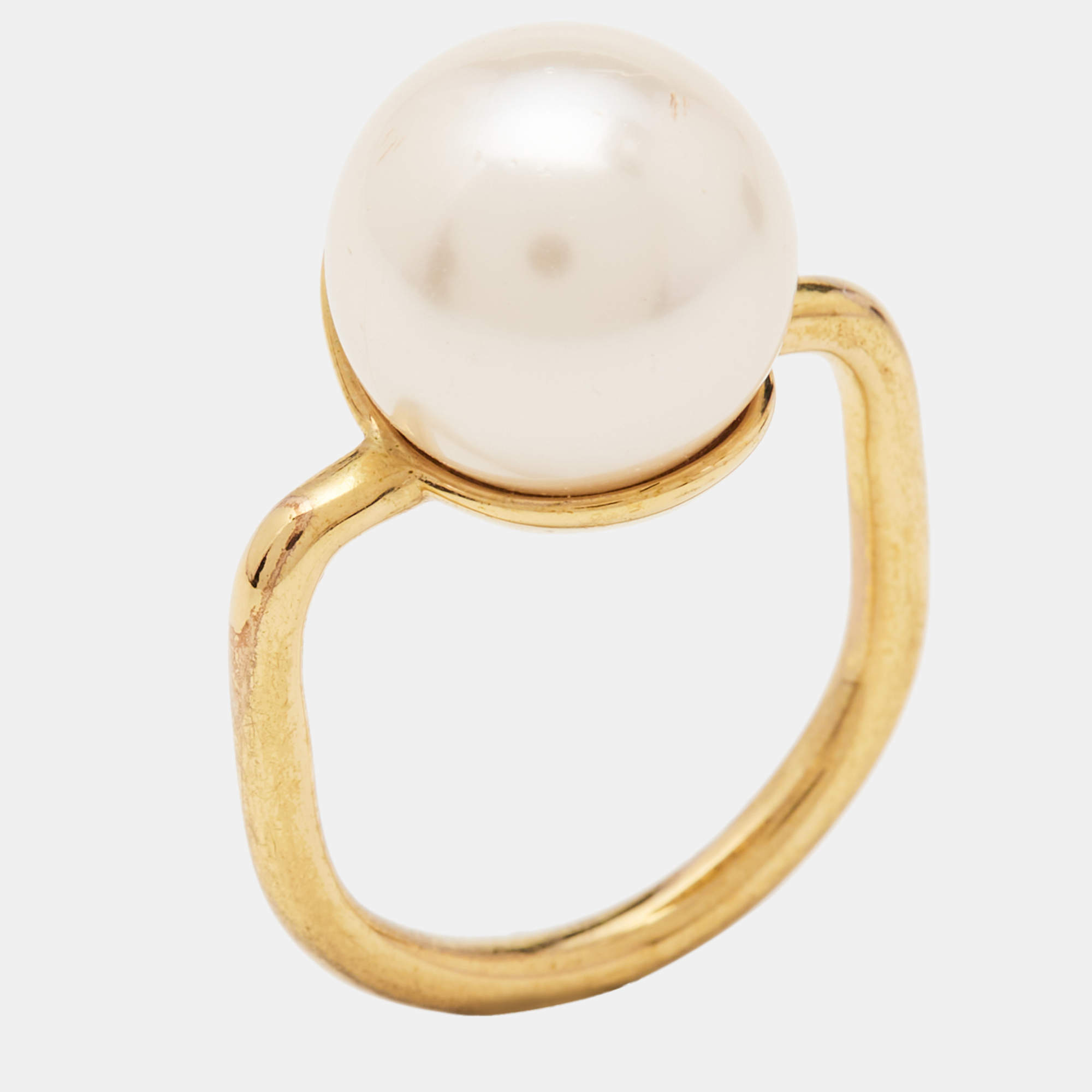 Carolina Herrera CH Faux Pearl Gold Tone Ring Size 52