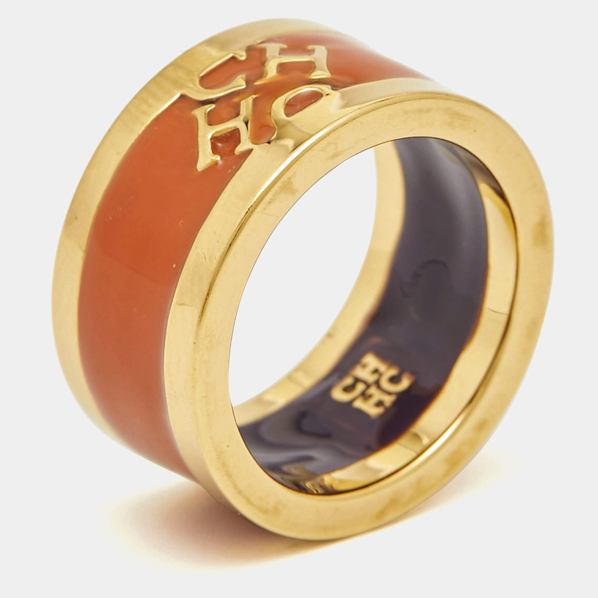 Carolina Herrera CH Enamel Gold Tone Ring  Size 53