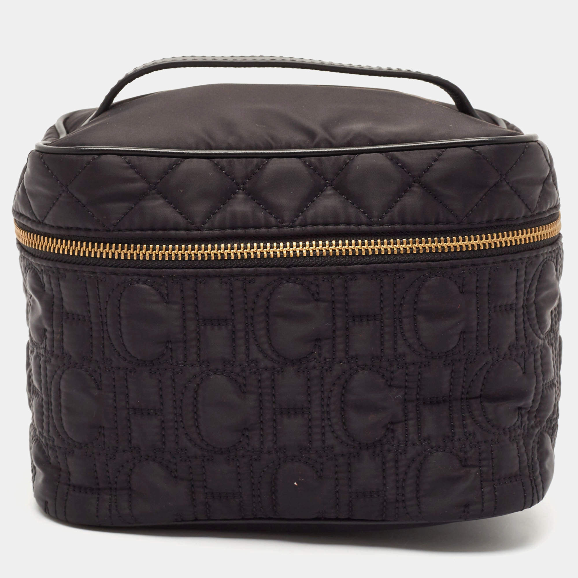 Carolina Herrera Black Quilted Nylon and Leather Toiletry Case Bag