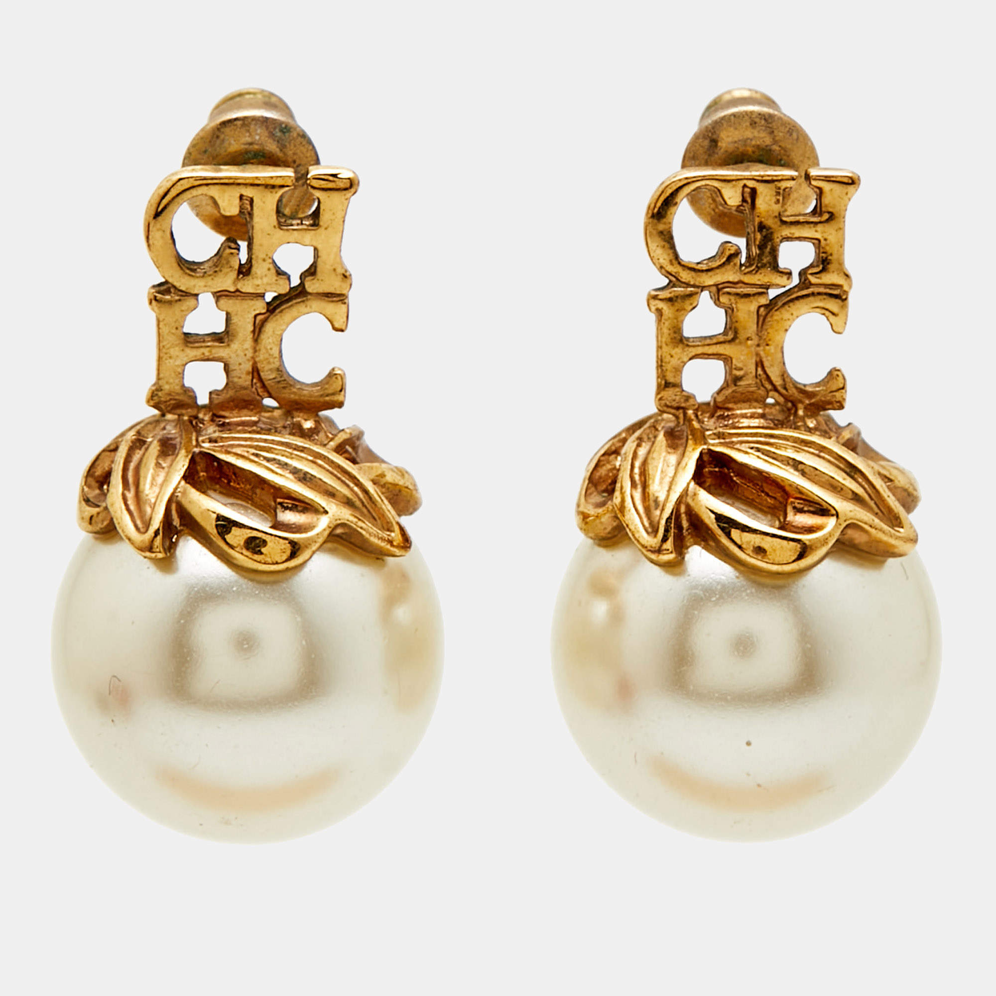 Pre Owned Carolina Herrera CH Faux Pearl Gold Tone Earrings