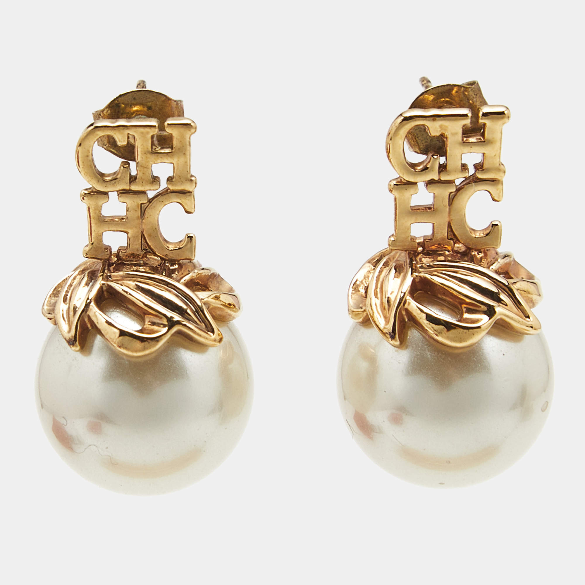 Pre Owned Carolina Herrera CH Faux Pearl Gold Tone Earrings