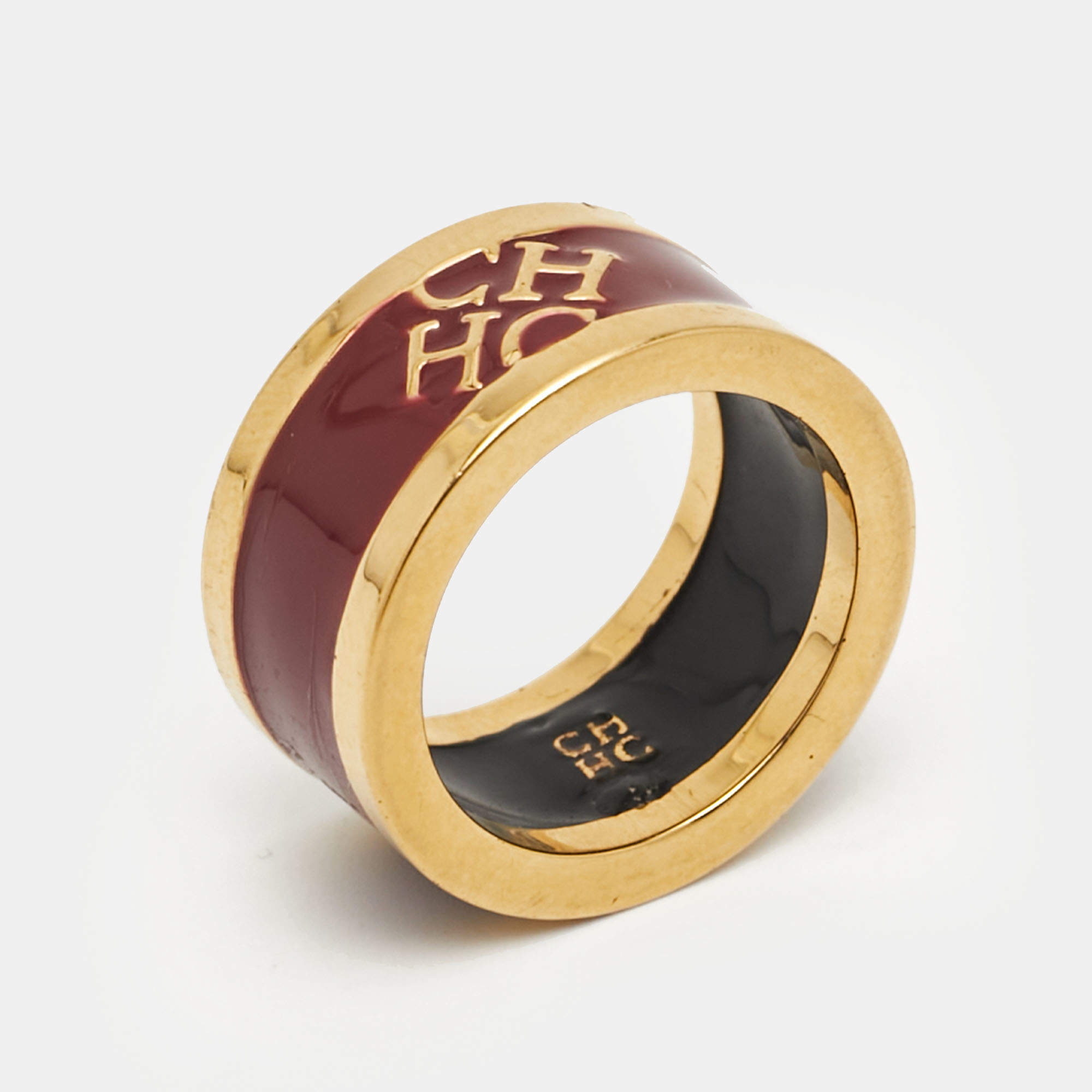 Pre Owned Carolina Herrera CH Logo Enamel Gold Tone Band Ring 54