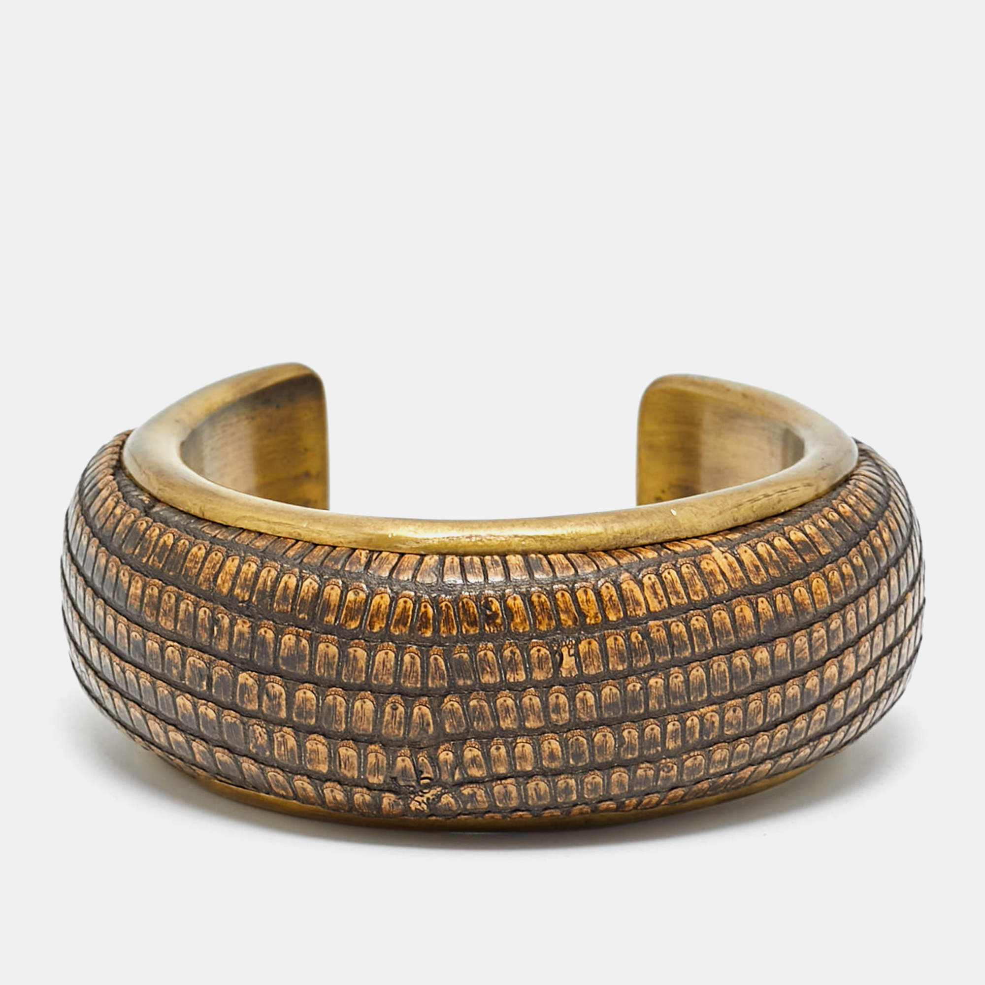 Pre Owned Carolina Herrera Leather Gold Tone Cuff Bracelet