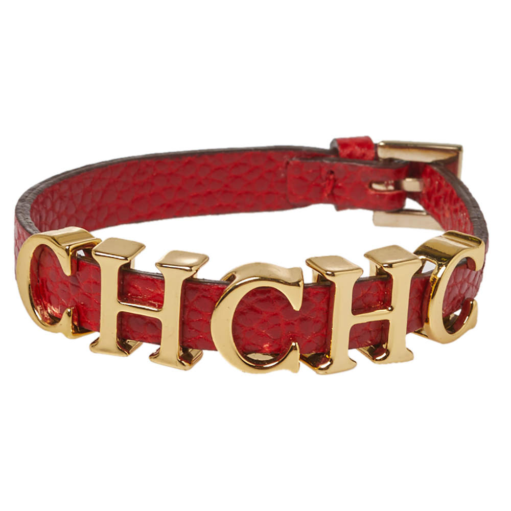 Pre Owned CH Carolina Herrera Red Leather Gold Tone Logo Charm Bracelet