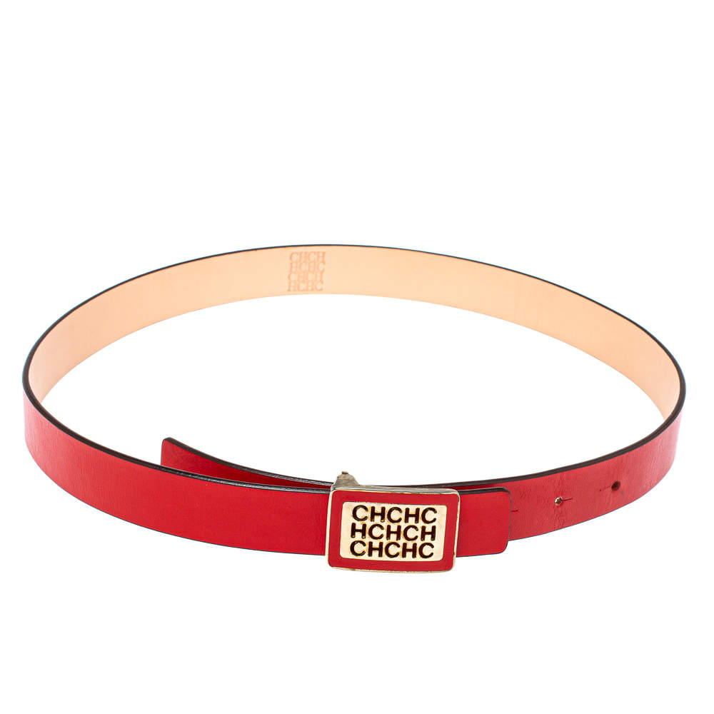 Pre Owned Carolina Herrera Red Leather Logo Belt 80CM