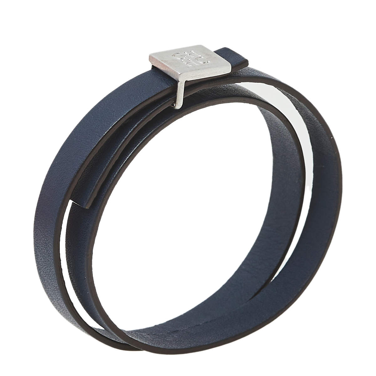 Pre Owned Carolina Herrera Navy Blue Leather Let it Glow Double Wrap Bracelet