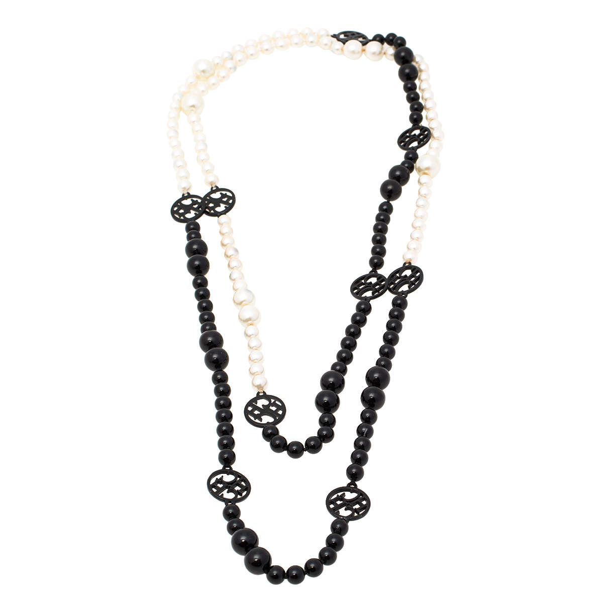 Pre Owned Carolina Herrera Black Resin Faux Pearl Long Station Necklace