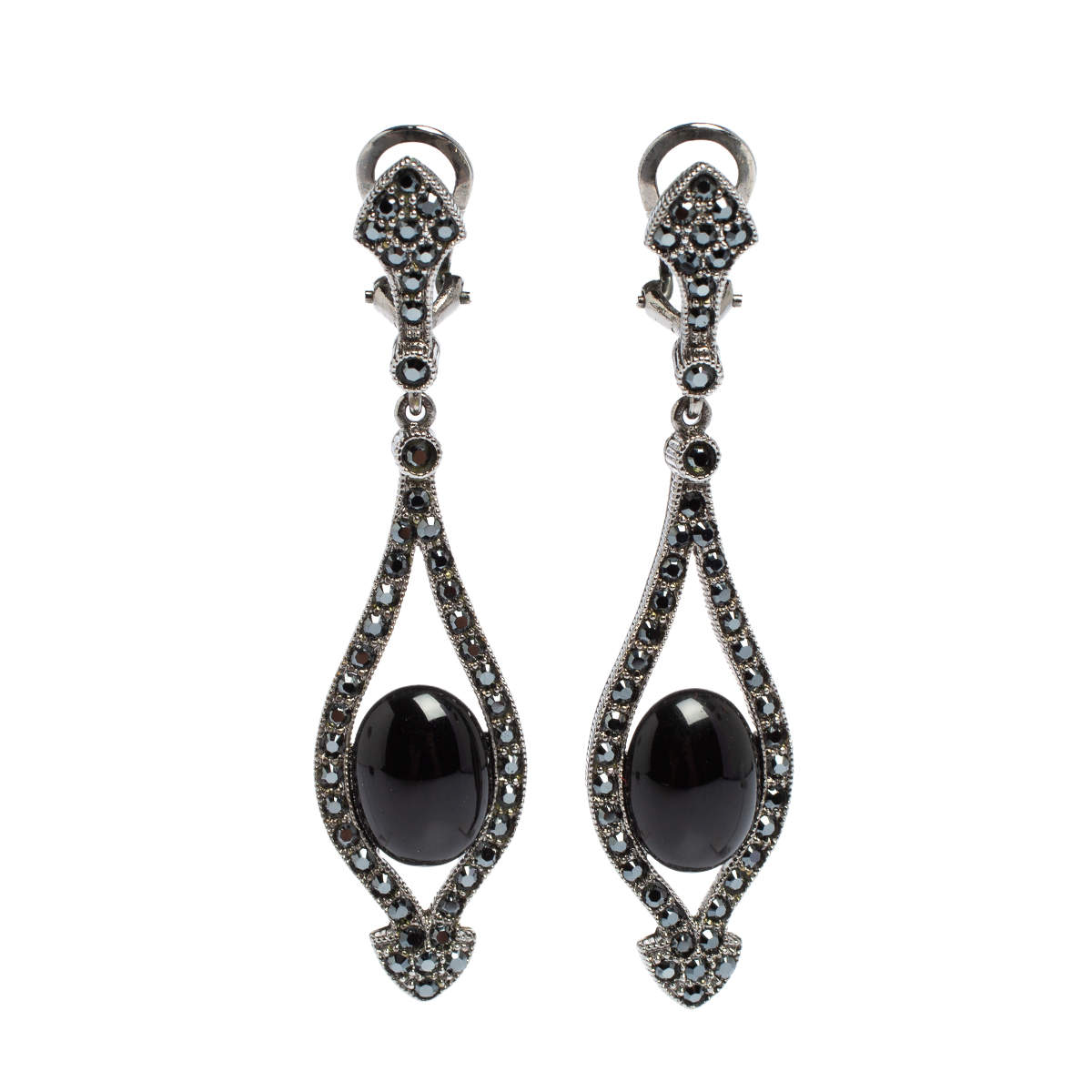 Pre Owned Carolina Herrera Black Crystal Resin Gunmetal Tone Drop Earrings