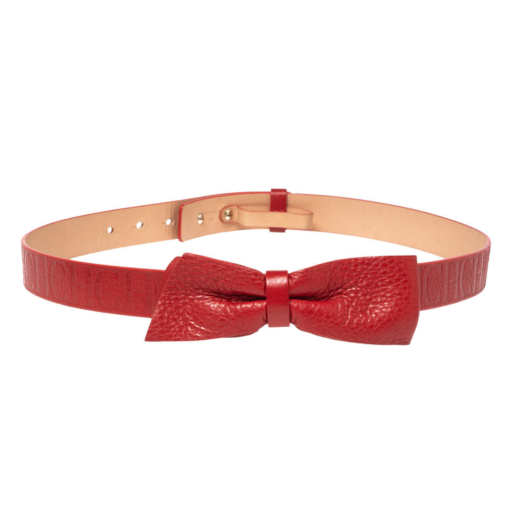 Carolina Herrera Red Signature Embossed Leather Bow Waist Belt 90CM