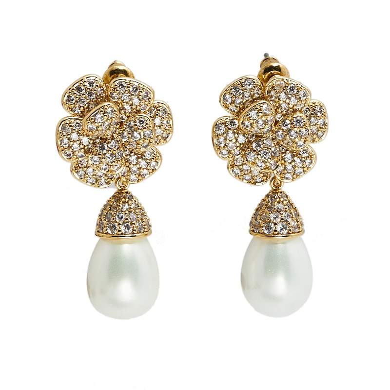 Carolina Herrera Gold Tone Floral Crystal Pearl Drop Earrings Carolina ...