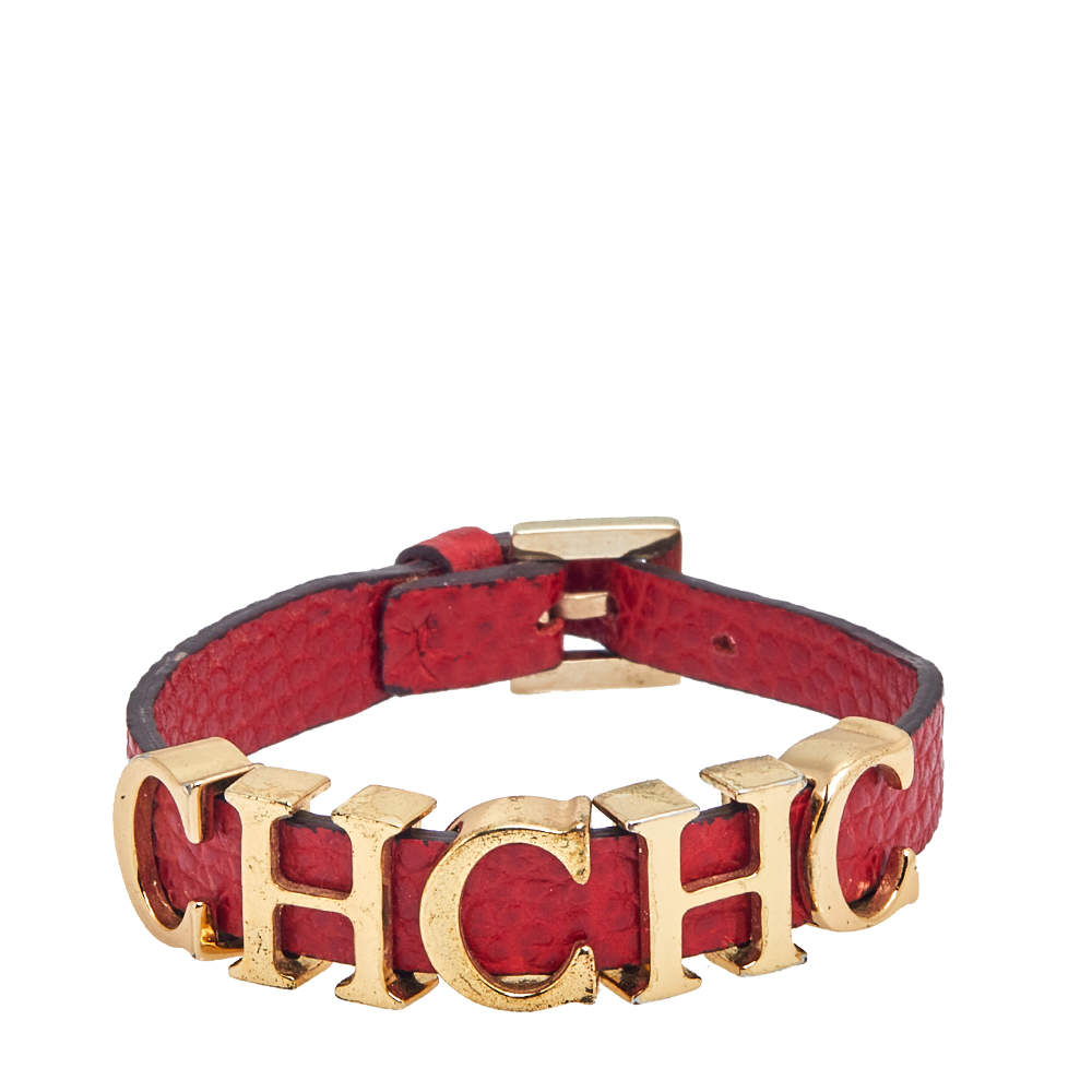 Pre Owned CH Carolina Herrera Red Leather Logo Wrap Bracelet