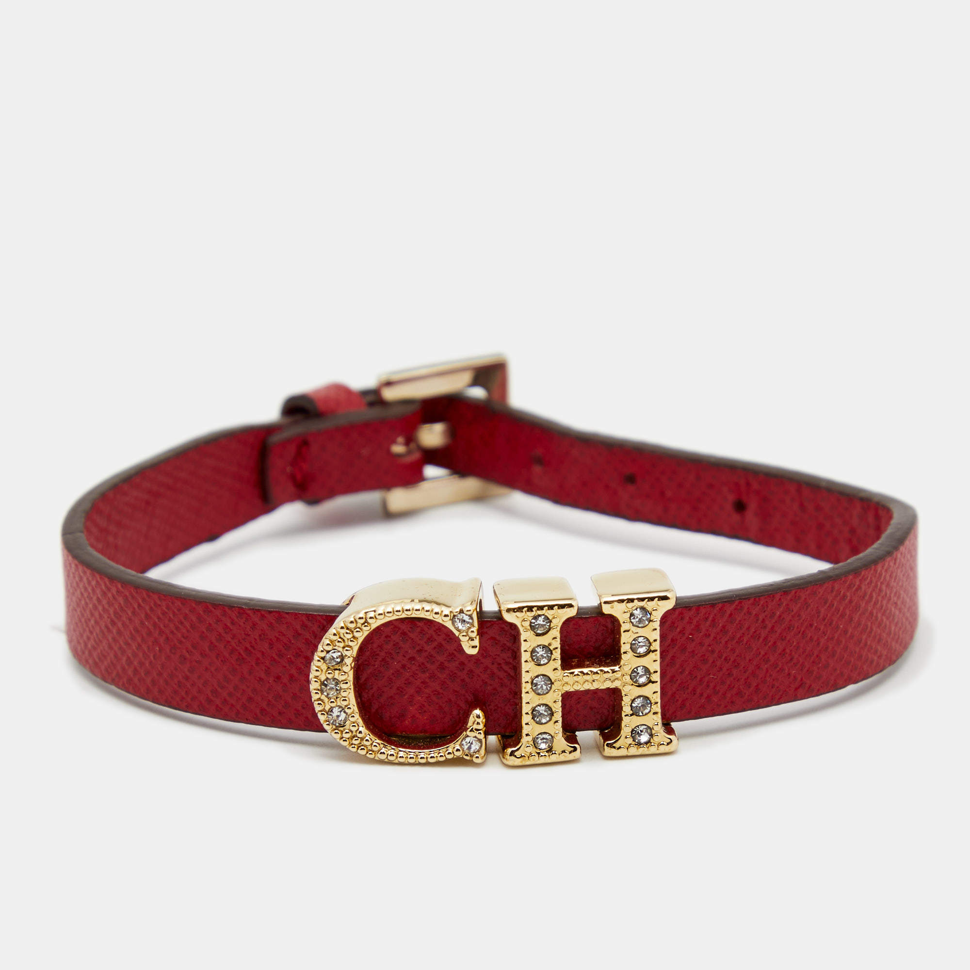 Pre Owned Carolina Herrera Crystal Logo Charm Red Leather Gold Tone Bracelet