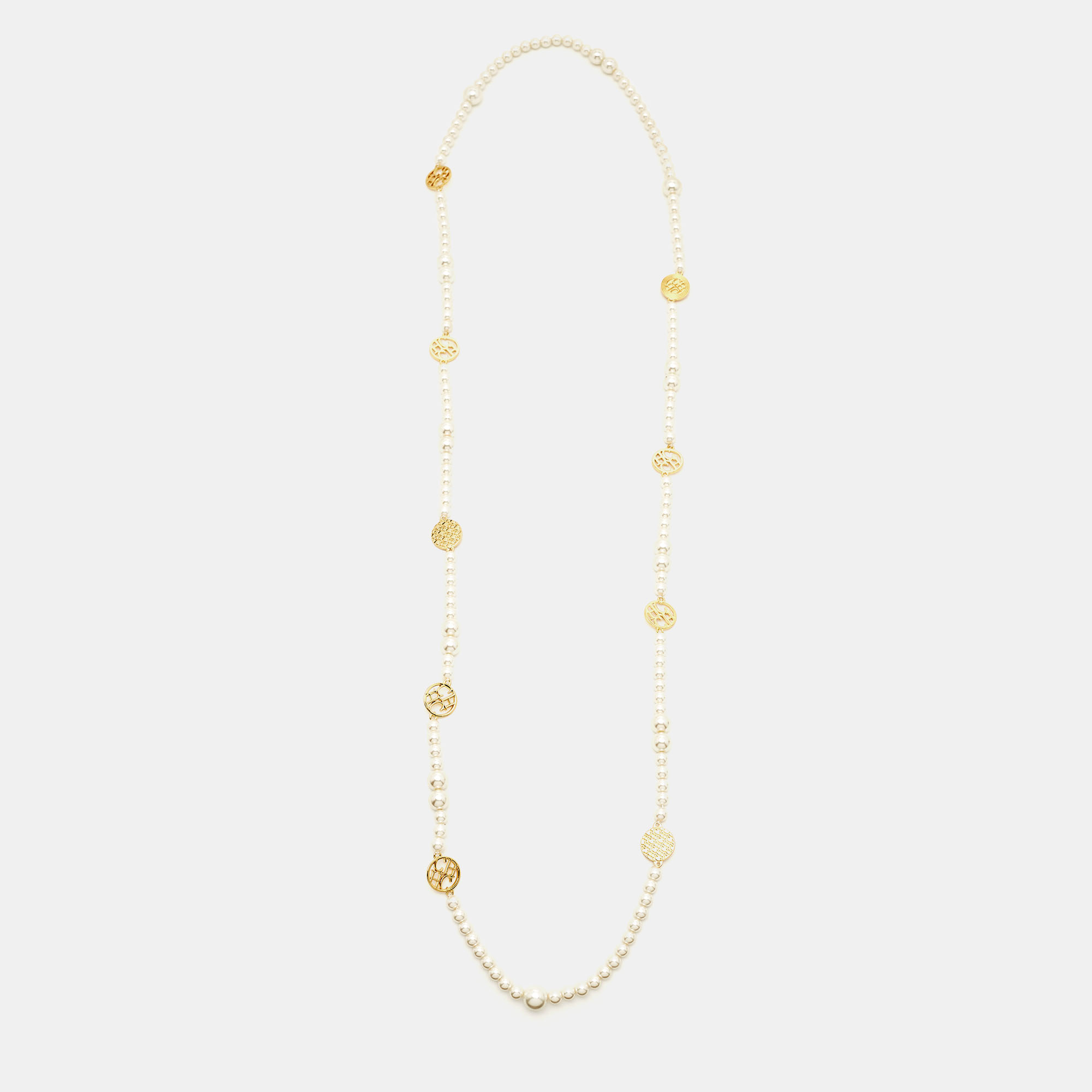 Pre Owned CH Carolina Herrera Faux Pearl Gold Tone Long Station Necklace