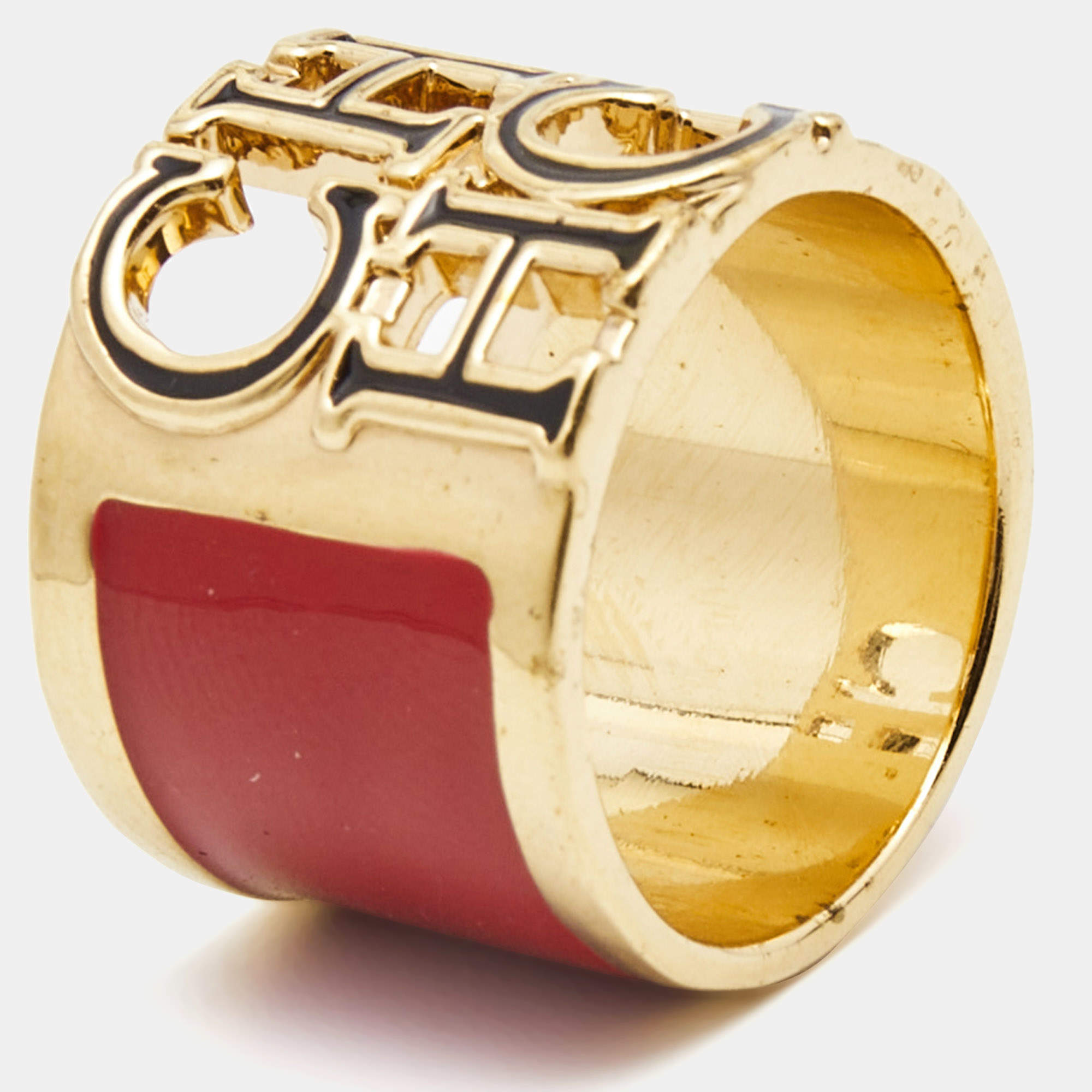 Pre Owned Carolina Herrera CH Enamel Gold Tone Ring Size 54