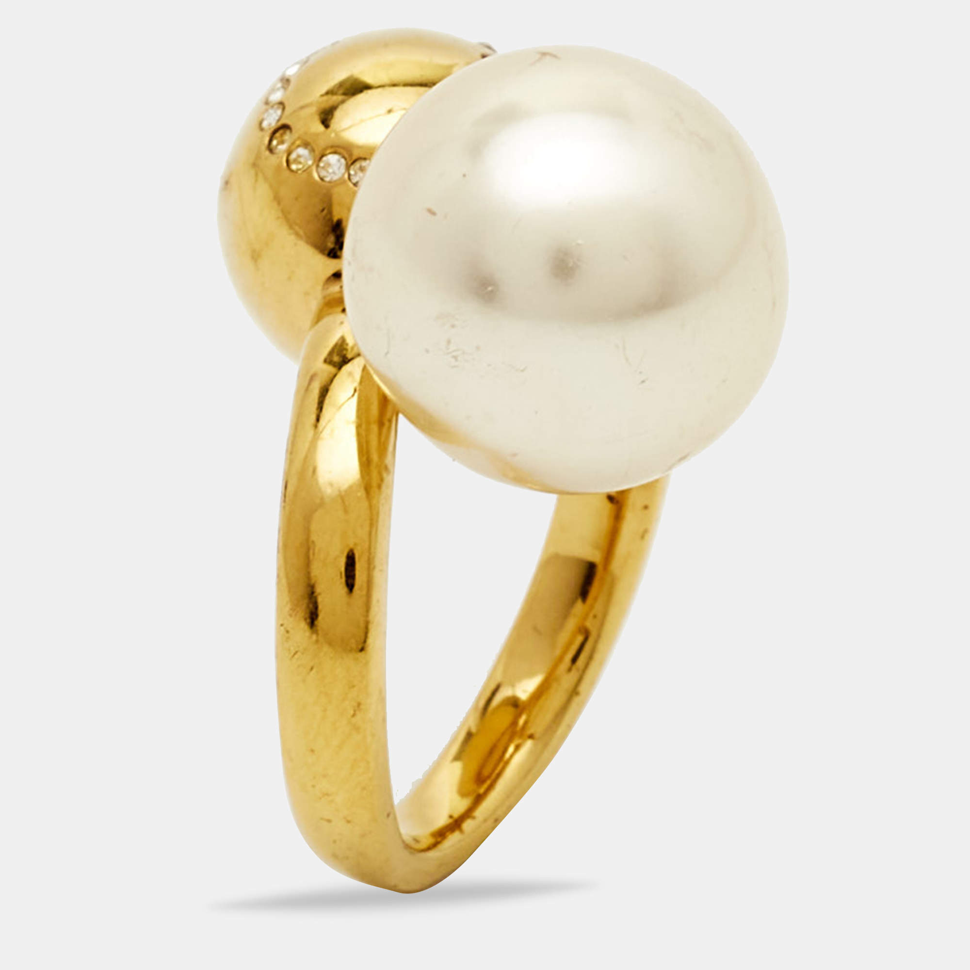 Carolina Herrera CH Faux Pearl Crystal Gold Tone Ring Size 49