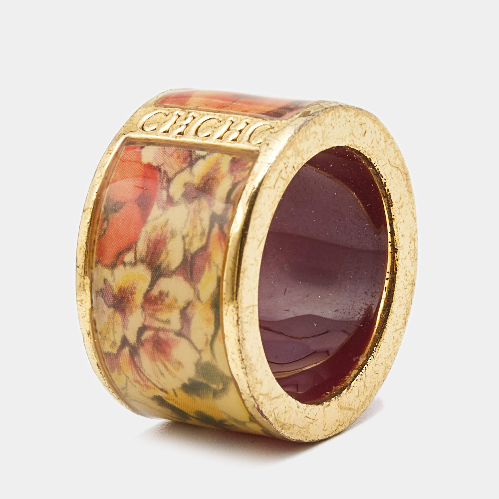 Pre Owned Carolina Herrera CH Enamel Gold Tone Ring Size 54