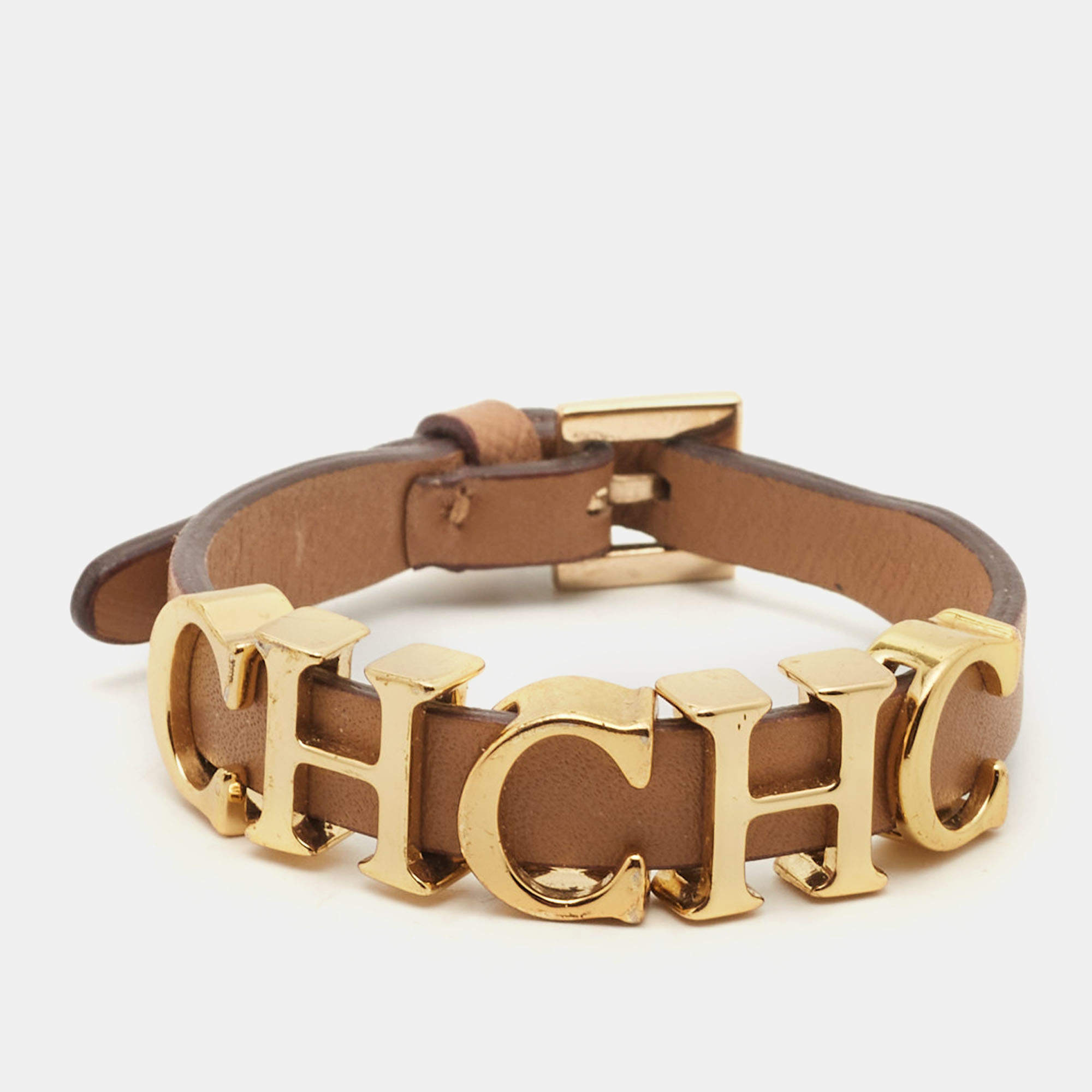 Pre Owned Carolina Herrera CH Leather Gold Tone Bracelet 