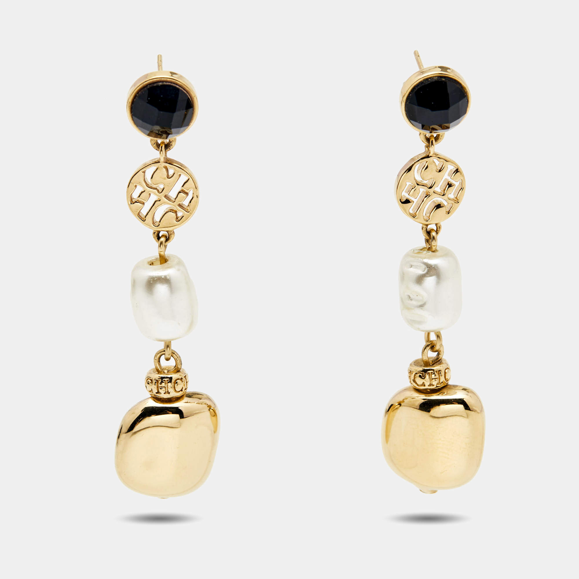 Carolina Herrera CH Crystal Faux Pearl Gold Tone Earrings