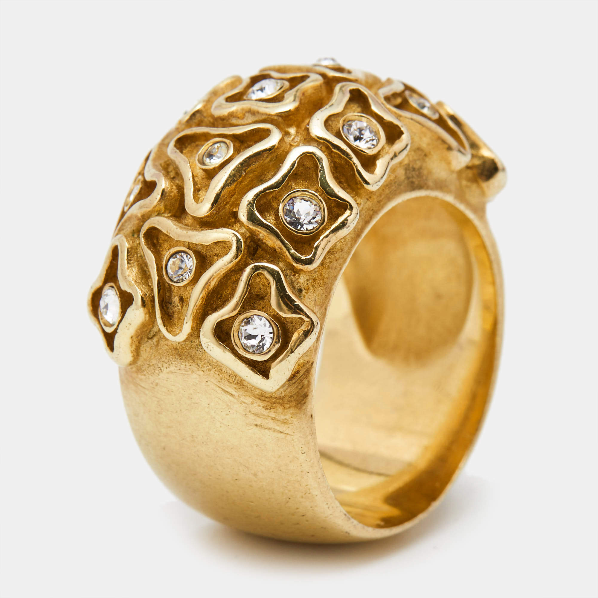 Carolina Herrera Crystal Textured Gold Tone Wide Band Ring Size 55