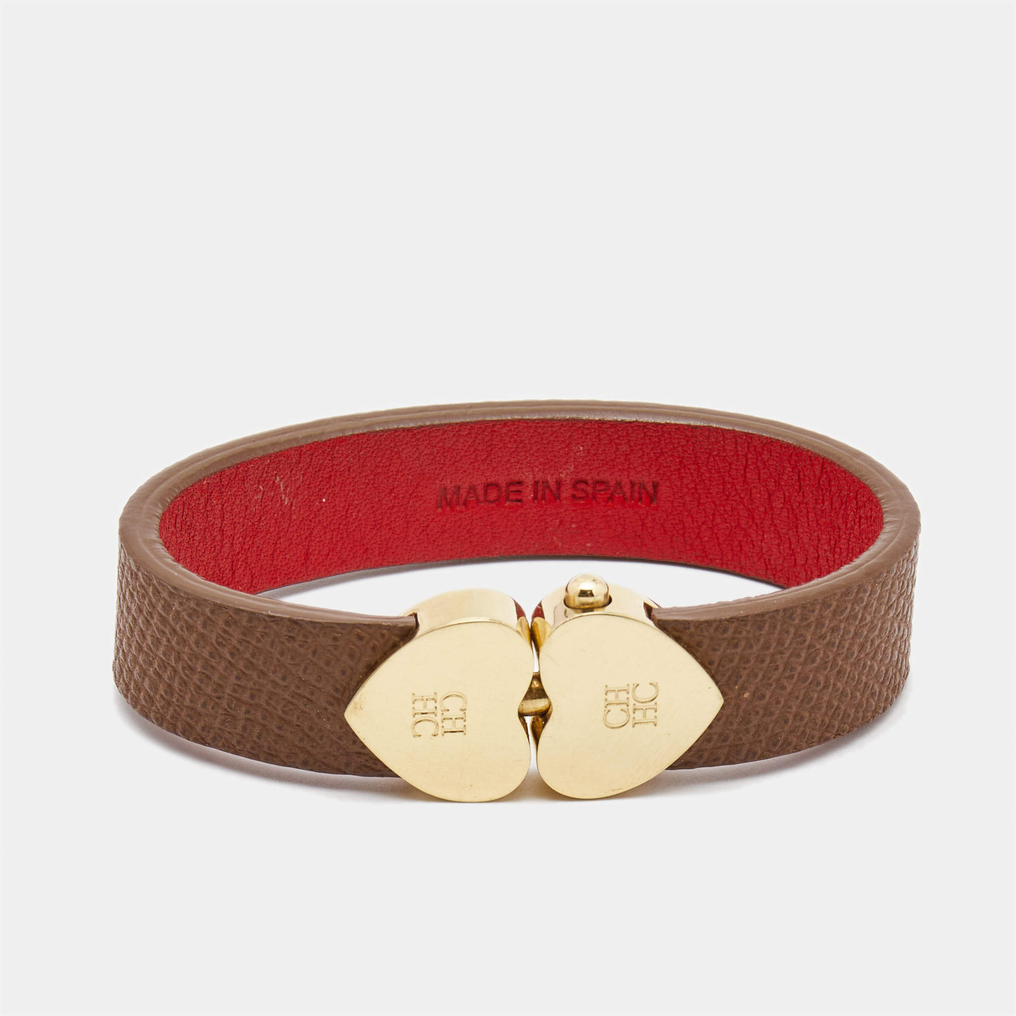 Pre Owned Carolina Herrera CH Leather Gold Tone Bracelet