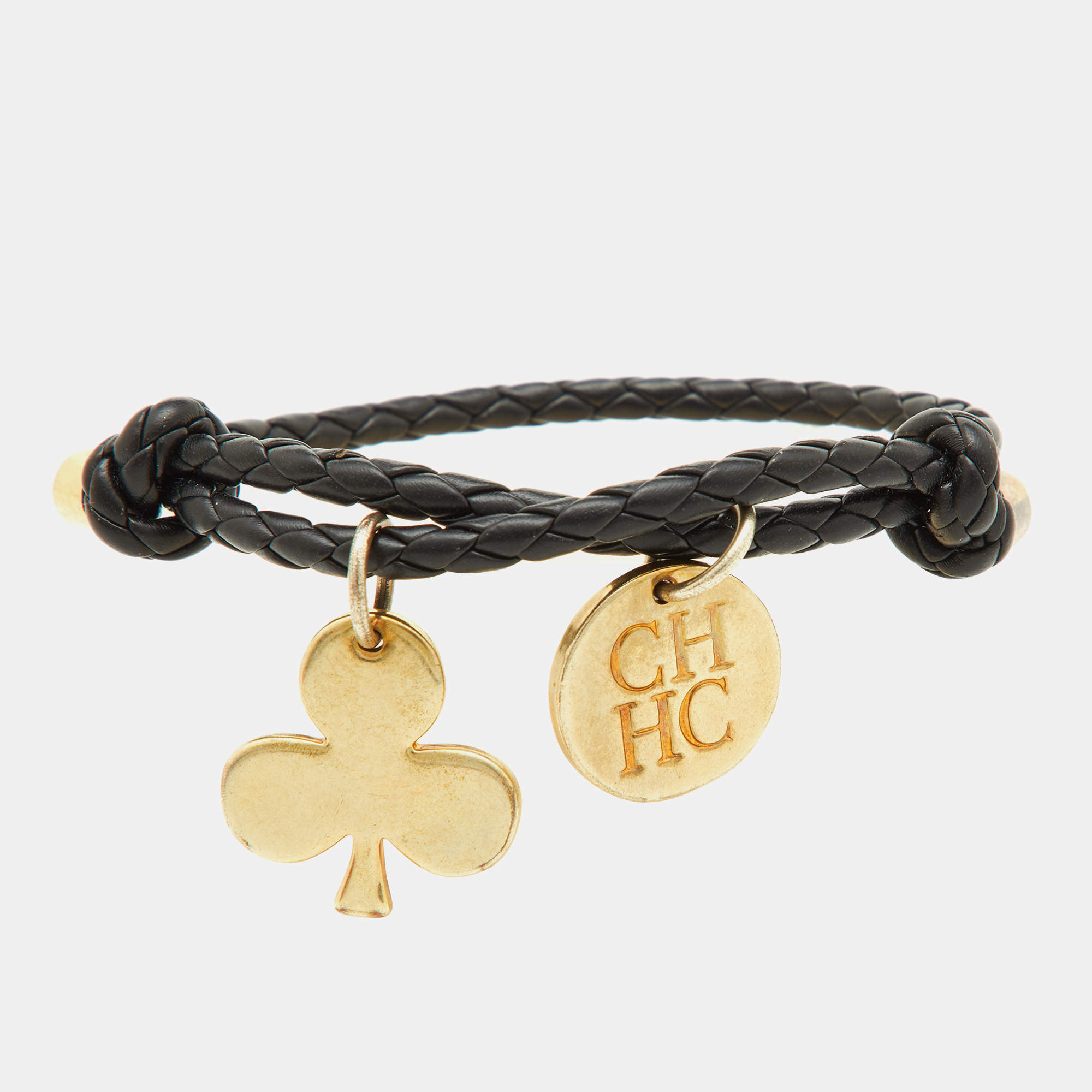 Carolina Herrera CH Charms Braided Black Leather Gold Tone Bracelet