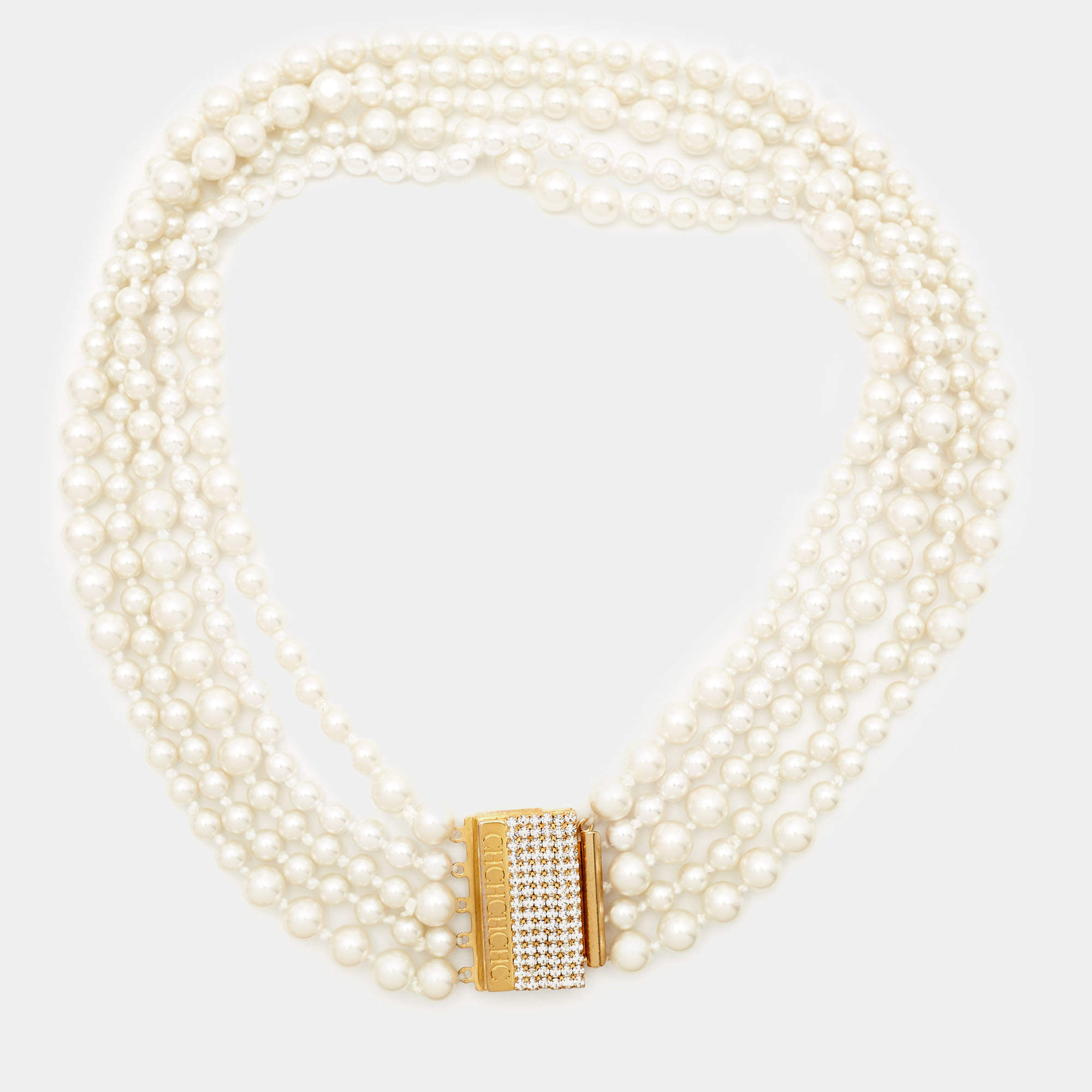 Carolina Herrera CH Crystal Embellished Faux Pearl Gold Tone Necklace