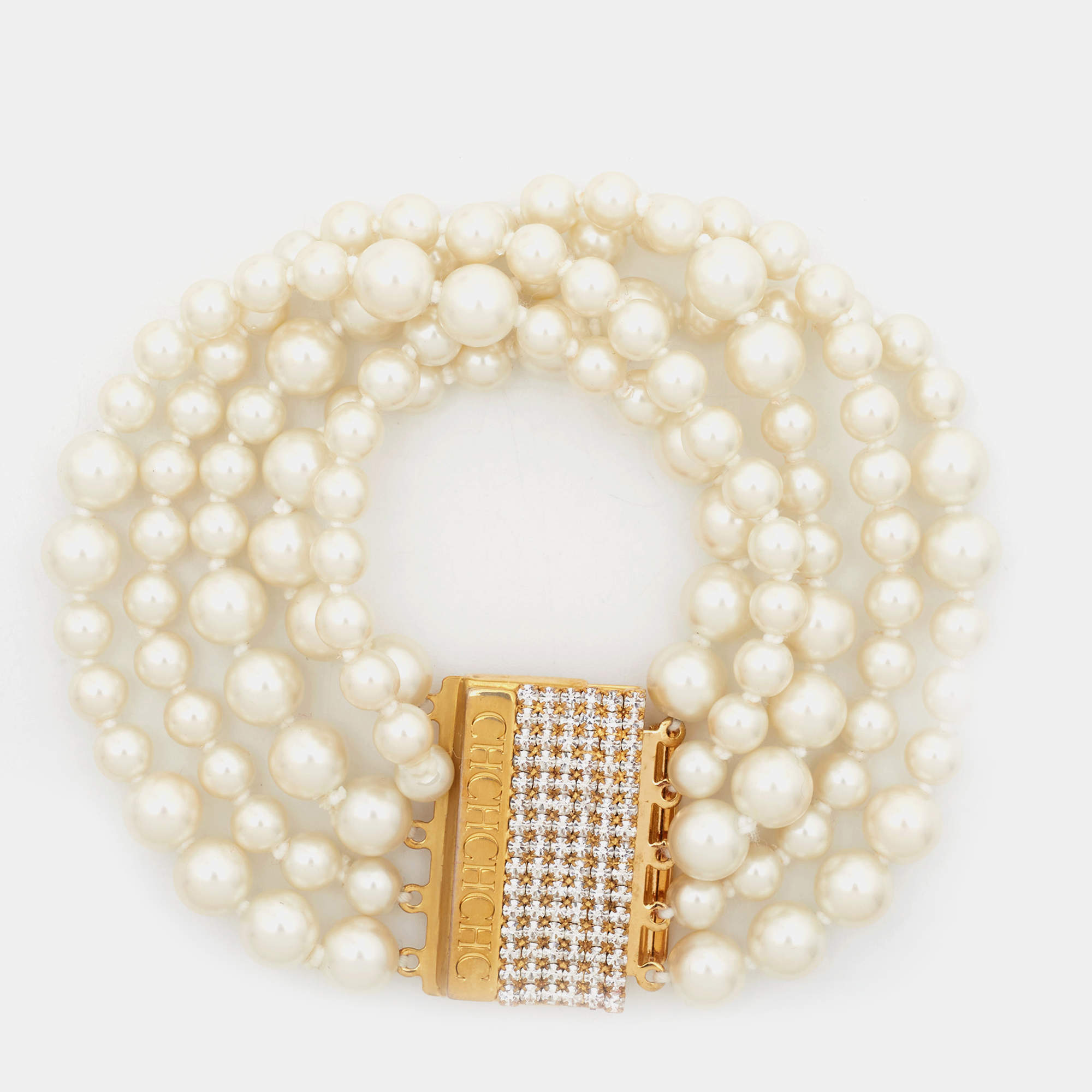 Carolina Herrera CH Crystal Faux Pearl Gold Tone Bracelet