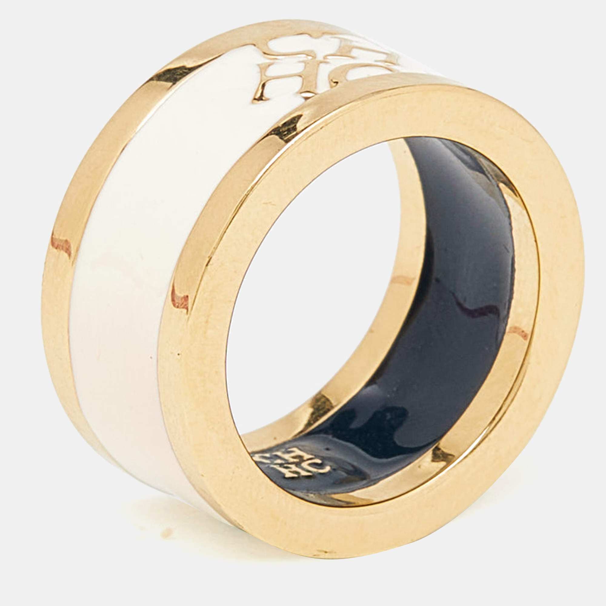 Carolina Herrera CH Cream Enamel Gold Tone Band Ring Size 54