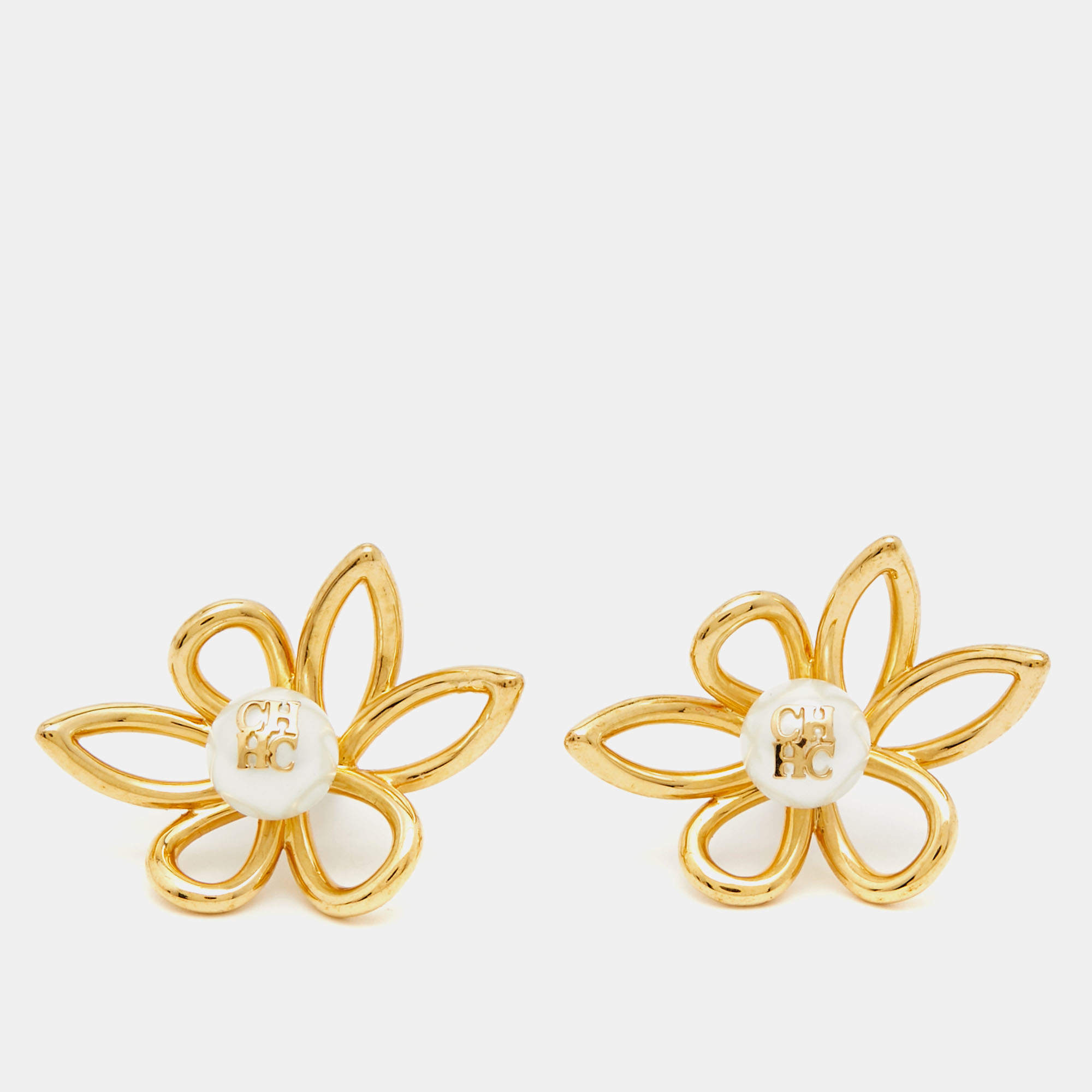 Pre Owned Carolina Herrera  CH Faux Pearl Gold  Tone Earrings