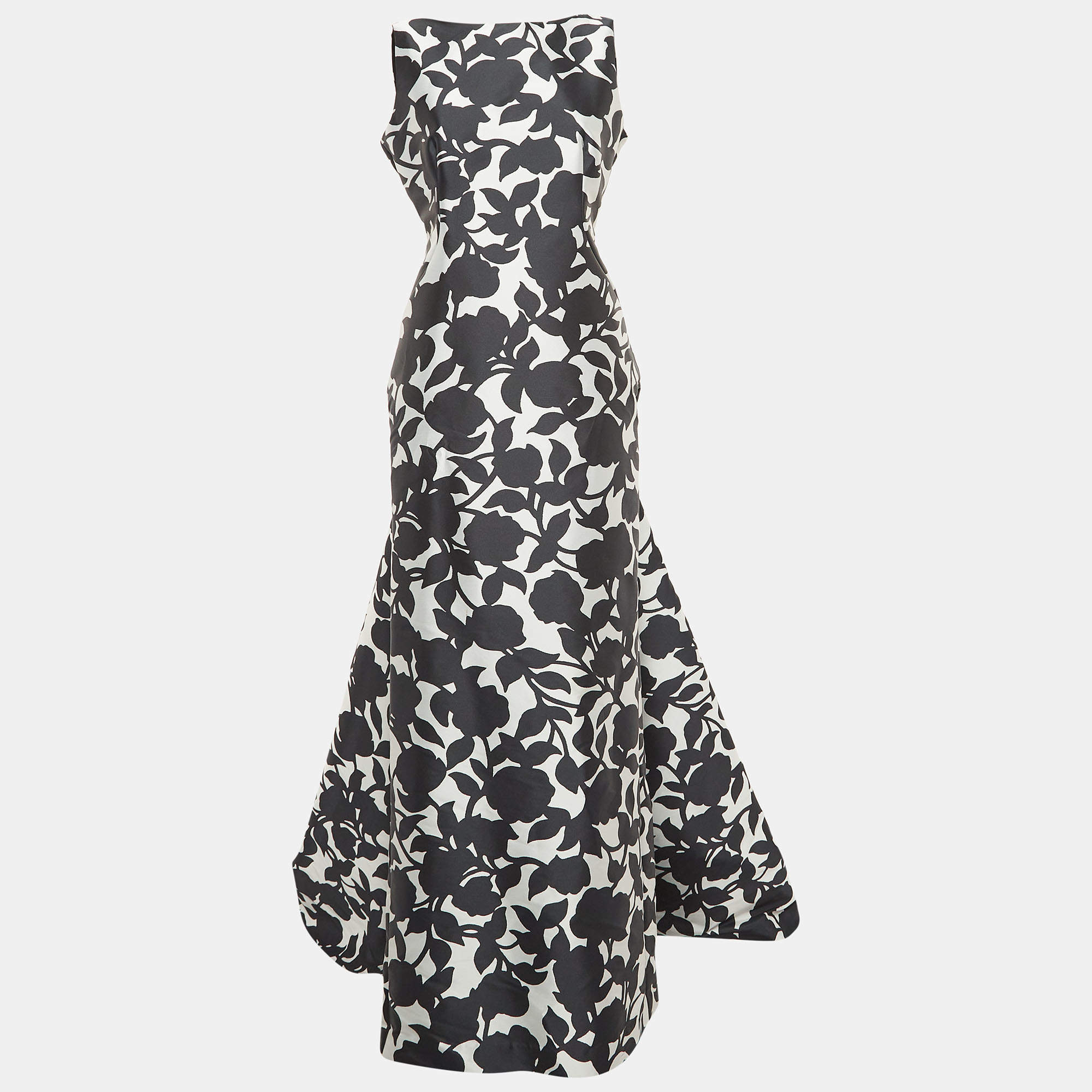 CH Carolina Herrera Black/White Floral Print Scoop Back Sleeveless Gown L